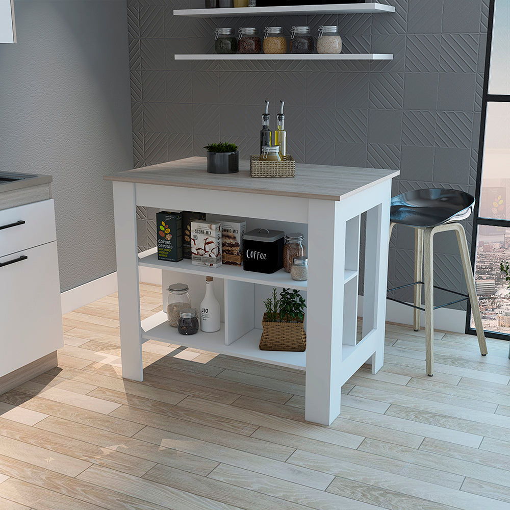 Dozza Kitchen Island, Antibacterial, 3 Shelves, Light Gray/White