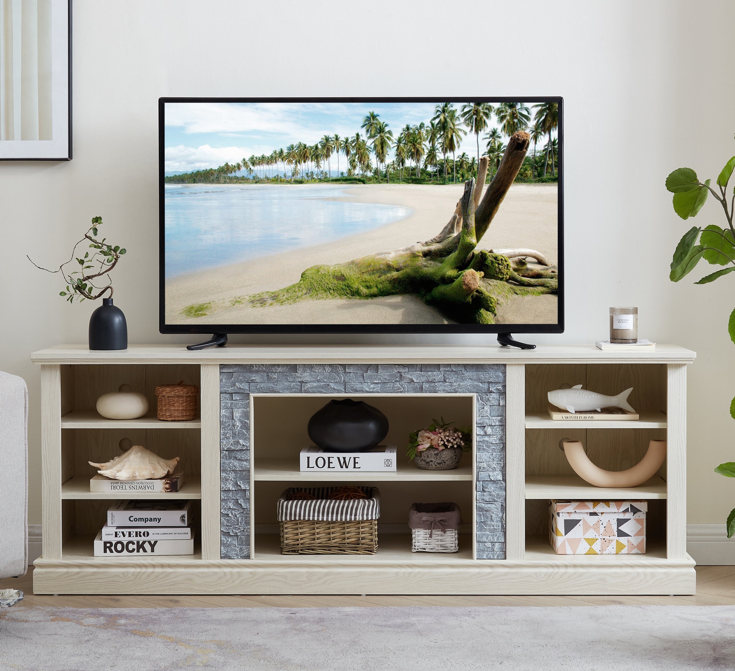 White TV Stand with Storage & Faux Stone, 70"