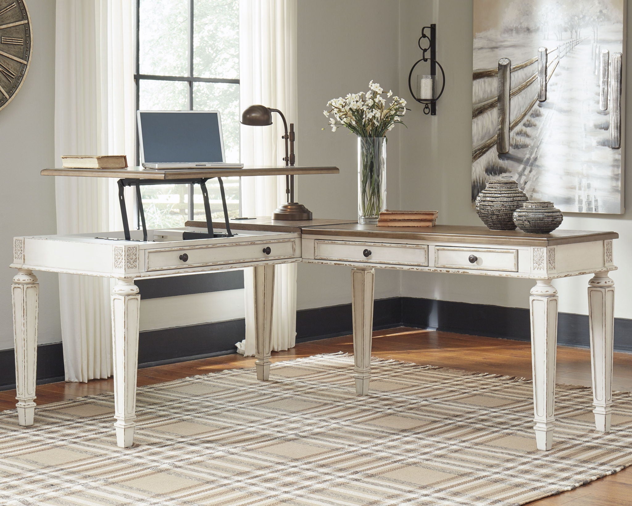 Realyn - L Shaped Desk with Lift Top - White / Brown