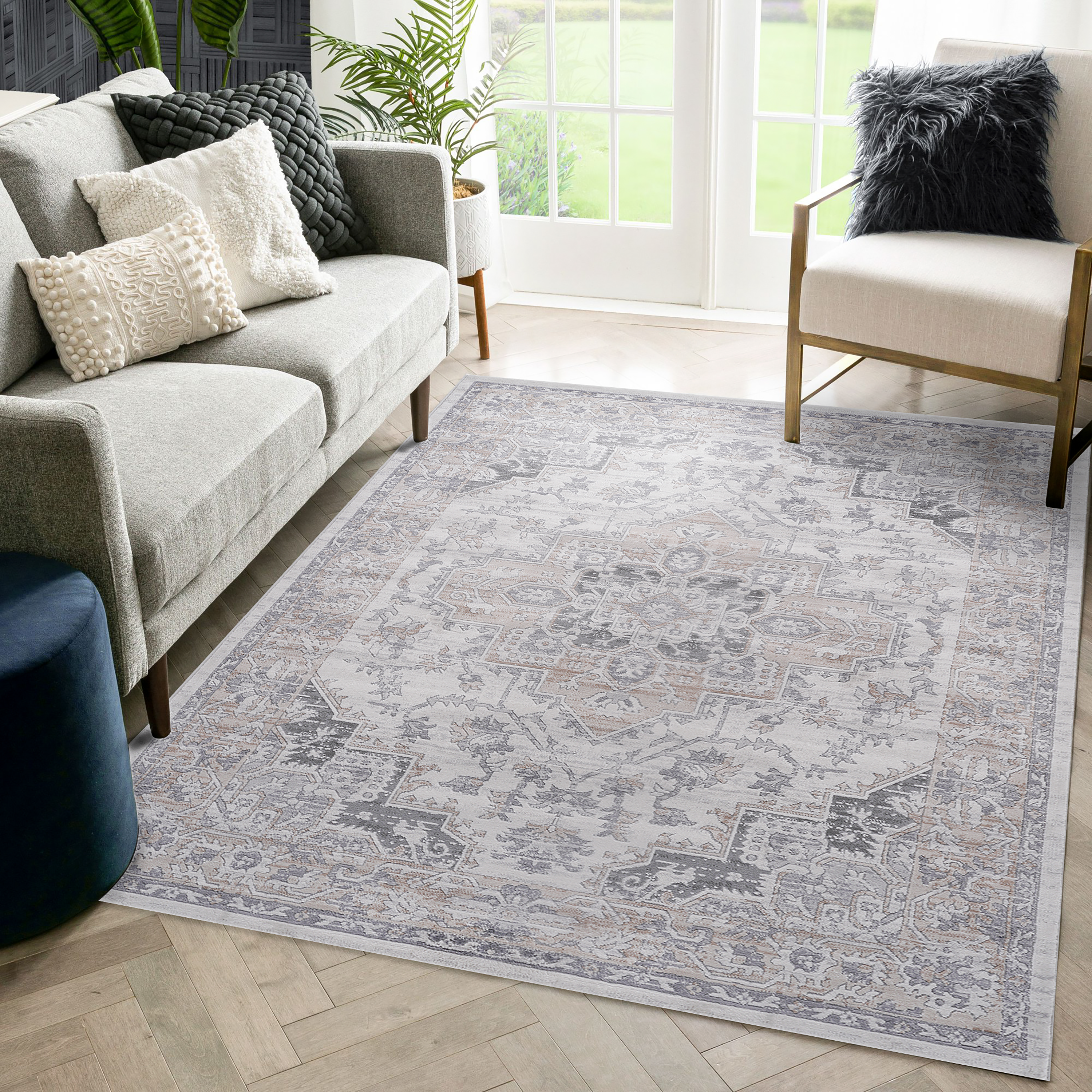Ivory Area Rug: 5x7 Non-Shedding Stain Resistant