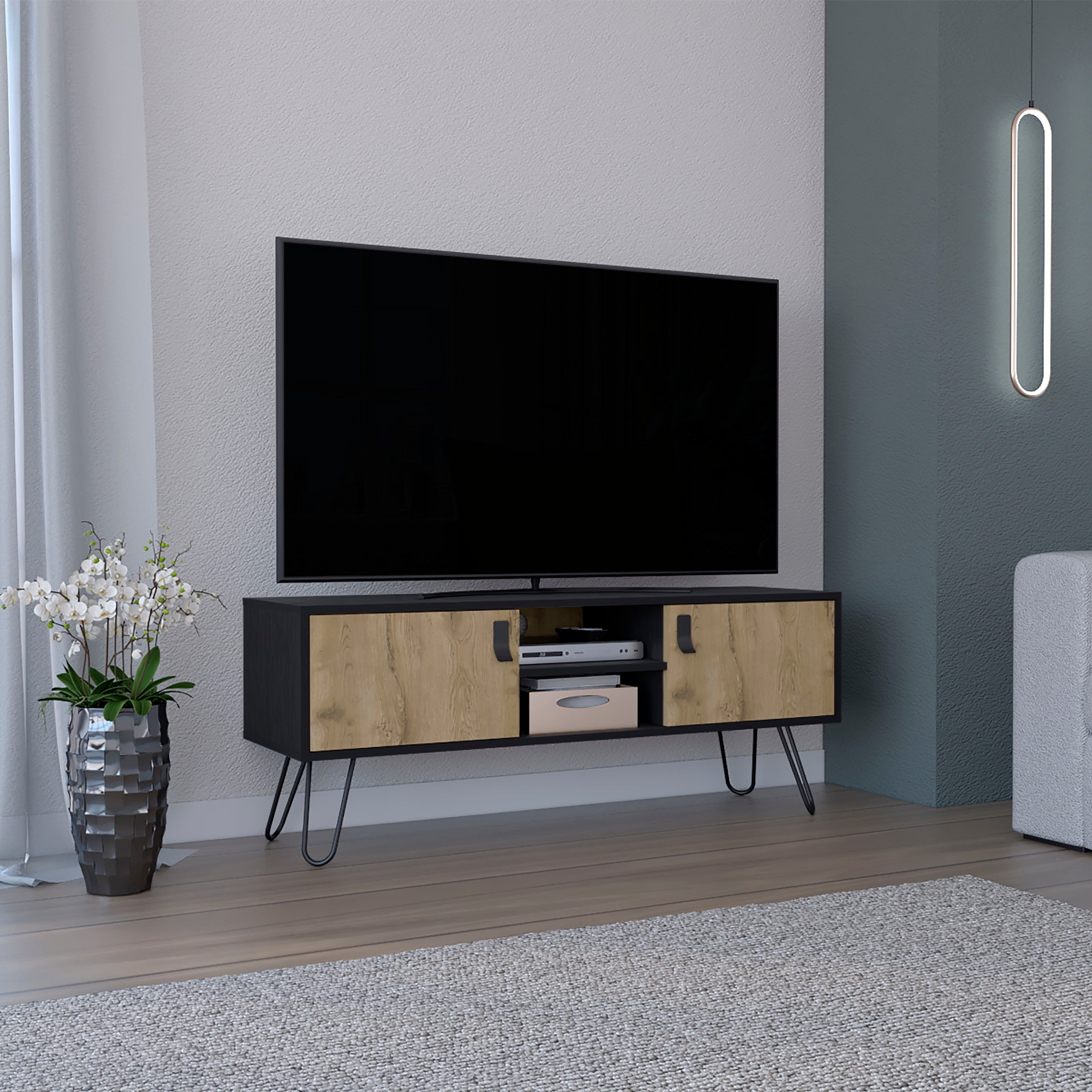 Toka Hairpin Leg TV Stand w/ Media Center & Doors (Black/Macadamia)