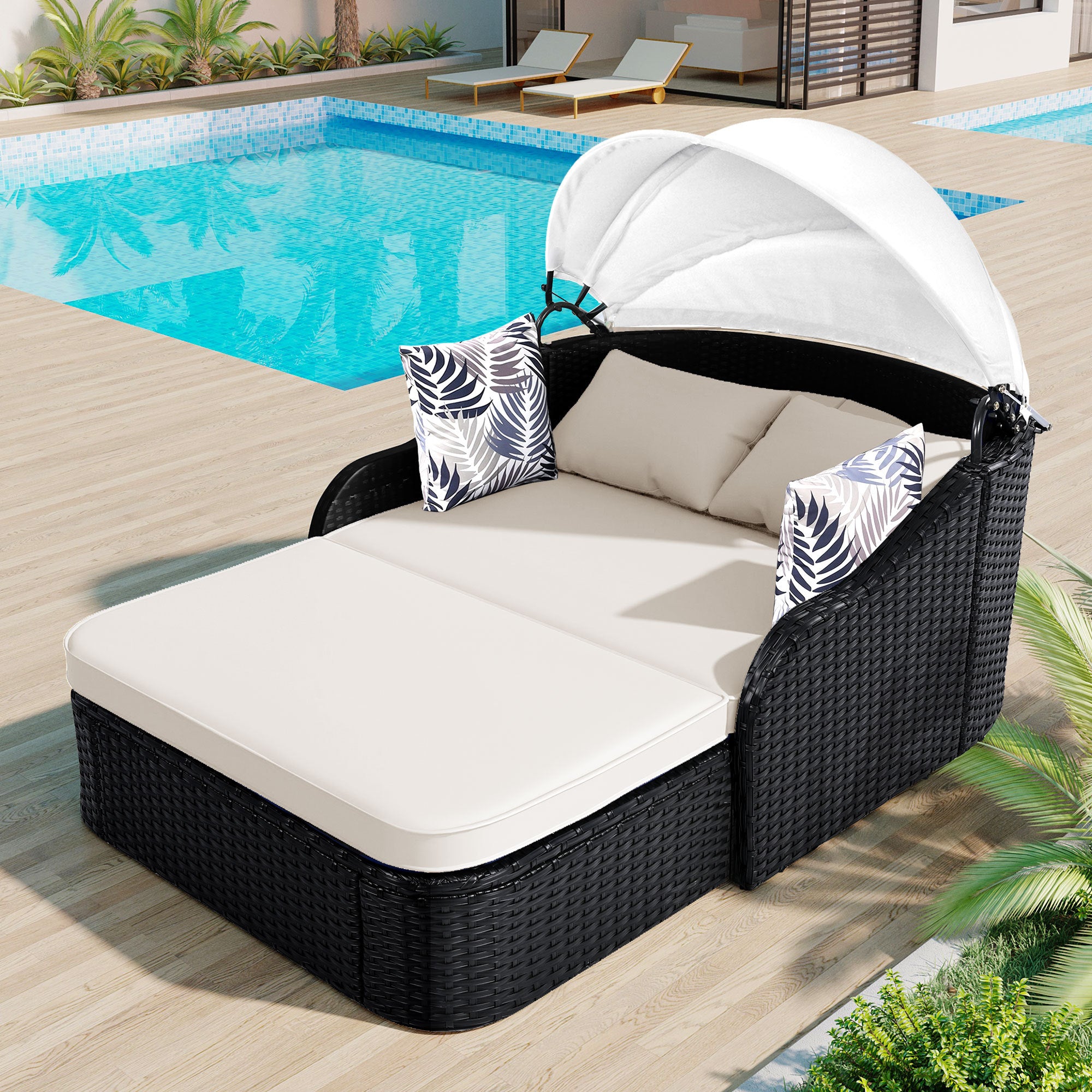 Outdoor Sunbed Daybed w/ Adjustable Canopy, Double Lounge, PE Rattan