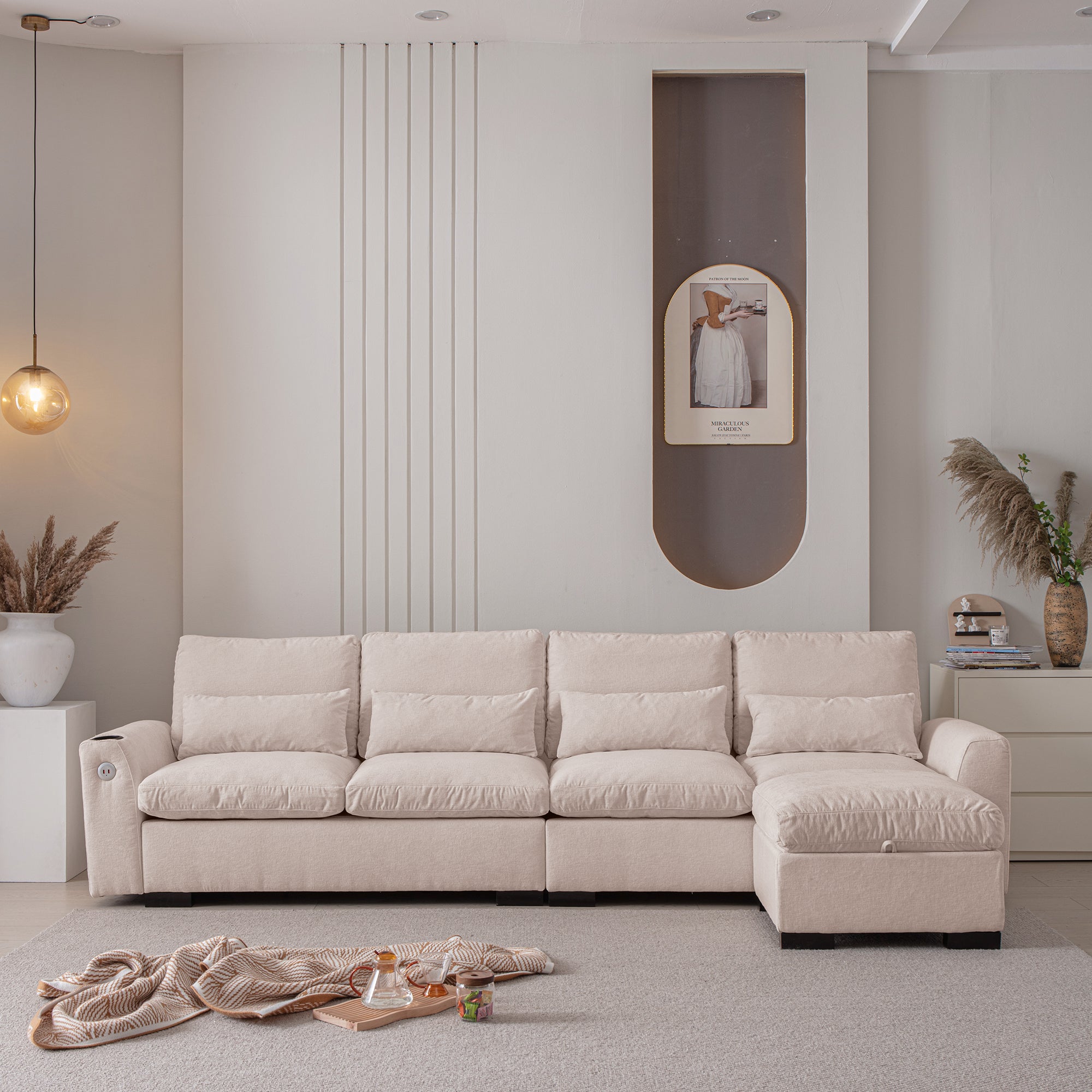 Modern Modular L-Shaped Chenille Sofa w/ Ottoman & Storage