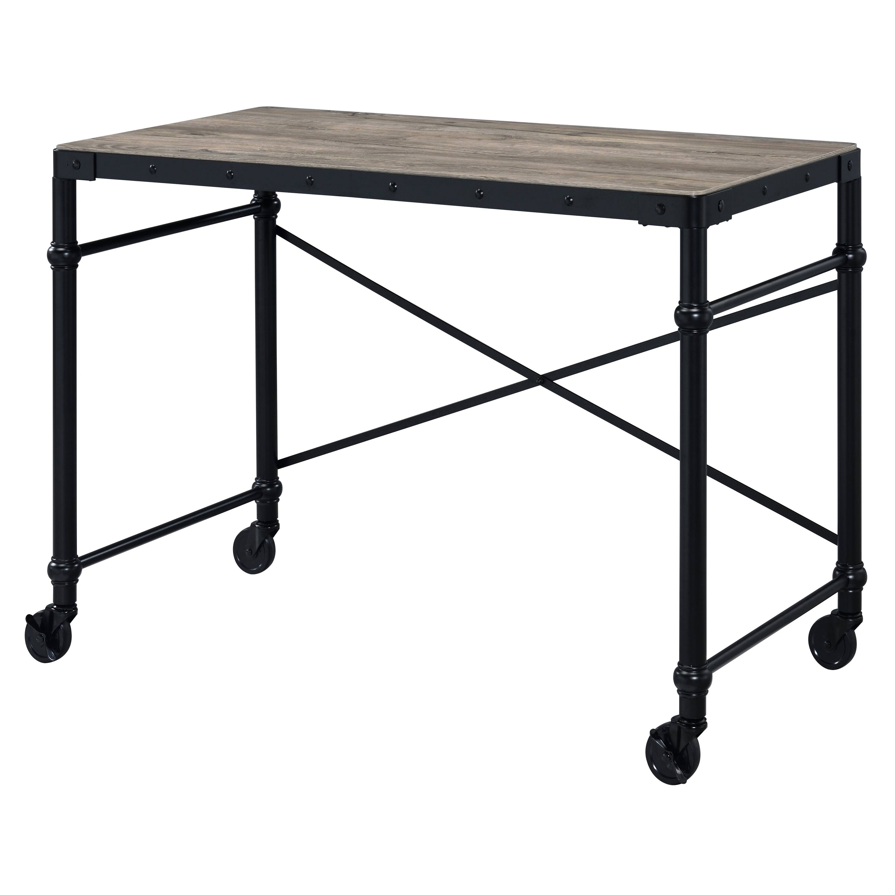 Rustic Oak & Black Writing Desk with Wheels