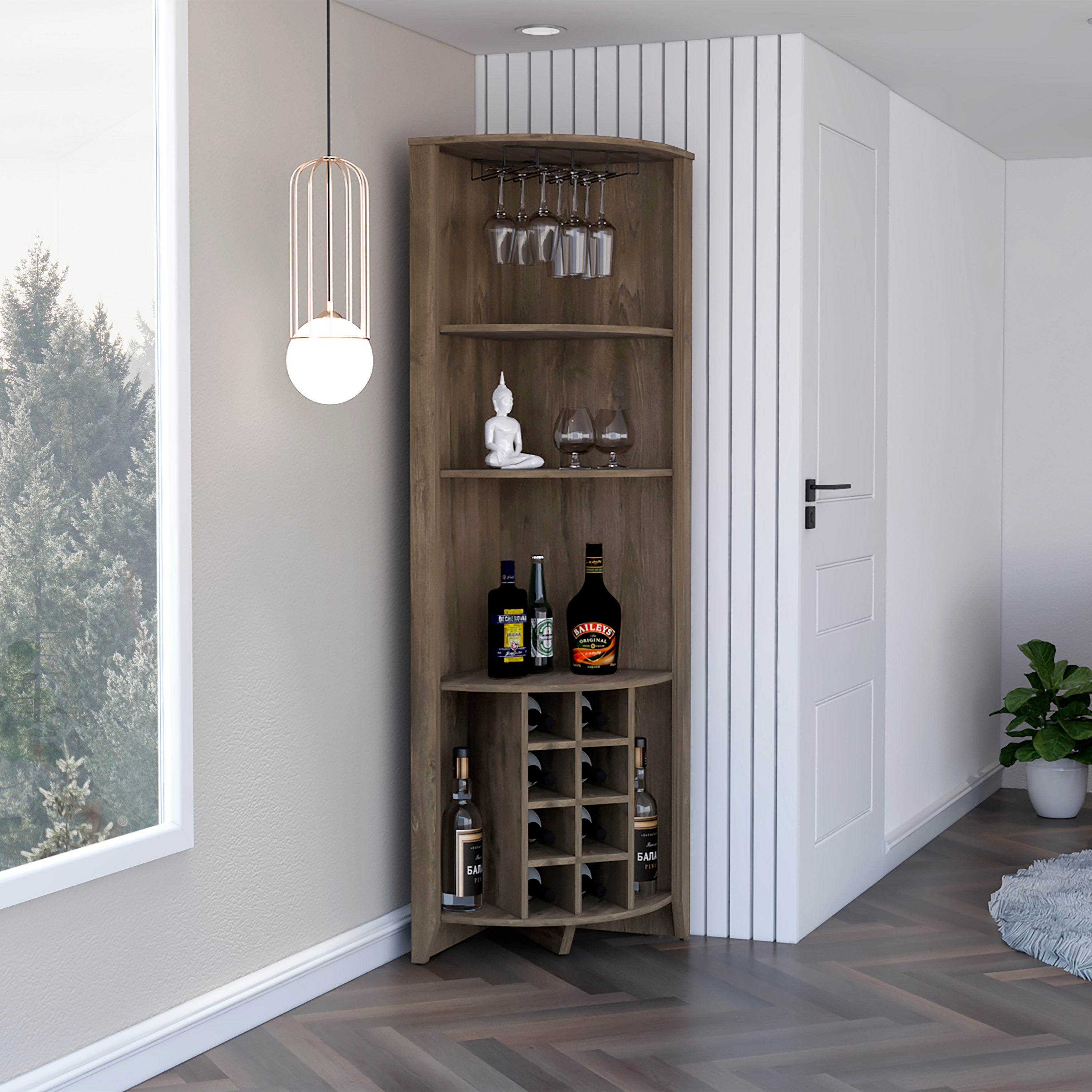 Dark Brown Corner Bar Cabinet: 3 Shelves, 8 Wine Racks