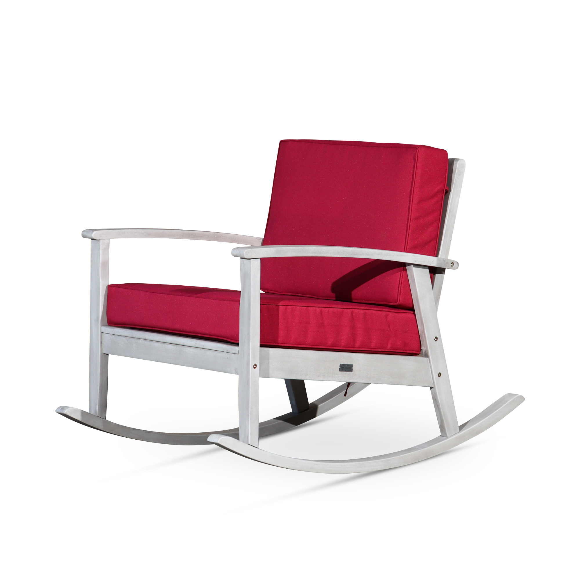 Eucalyptus Rocking Chair with Burgundy Cushions, Silver Gray