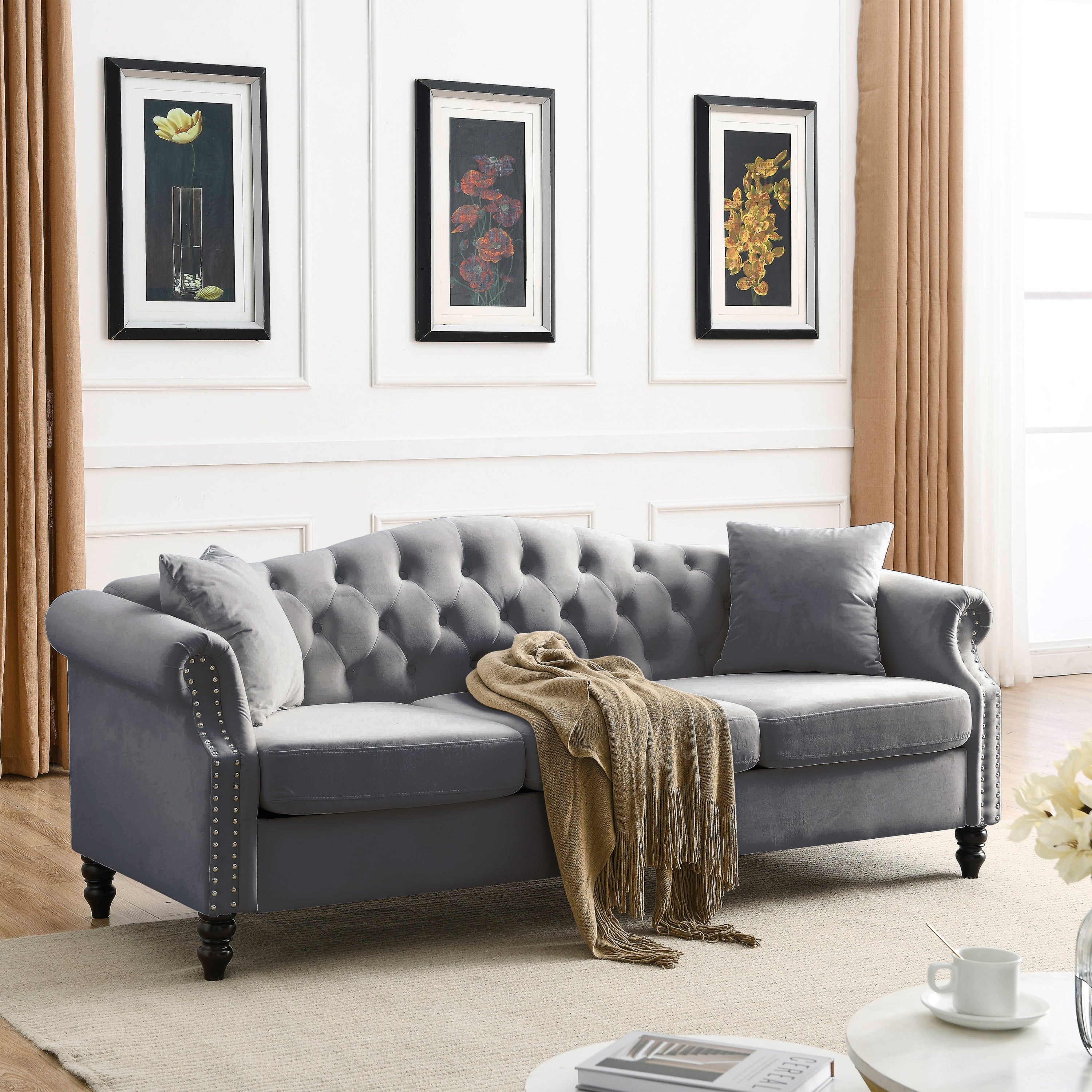 Grey Velvet Chesterfield Sofa: 3 Seater Couch