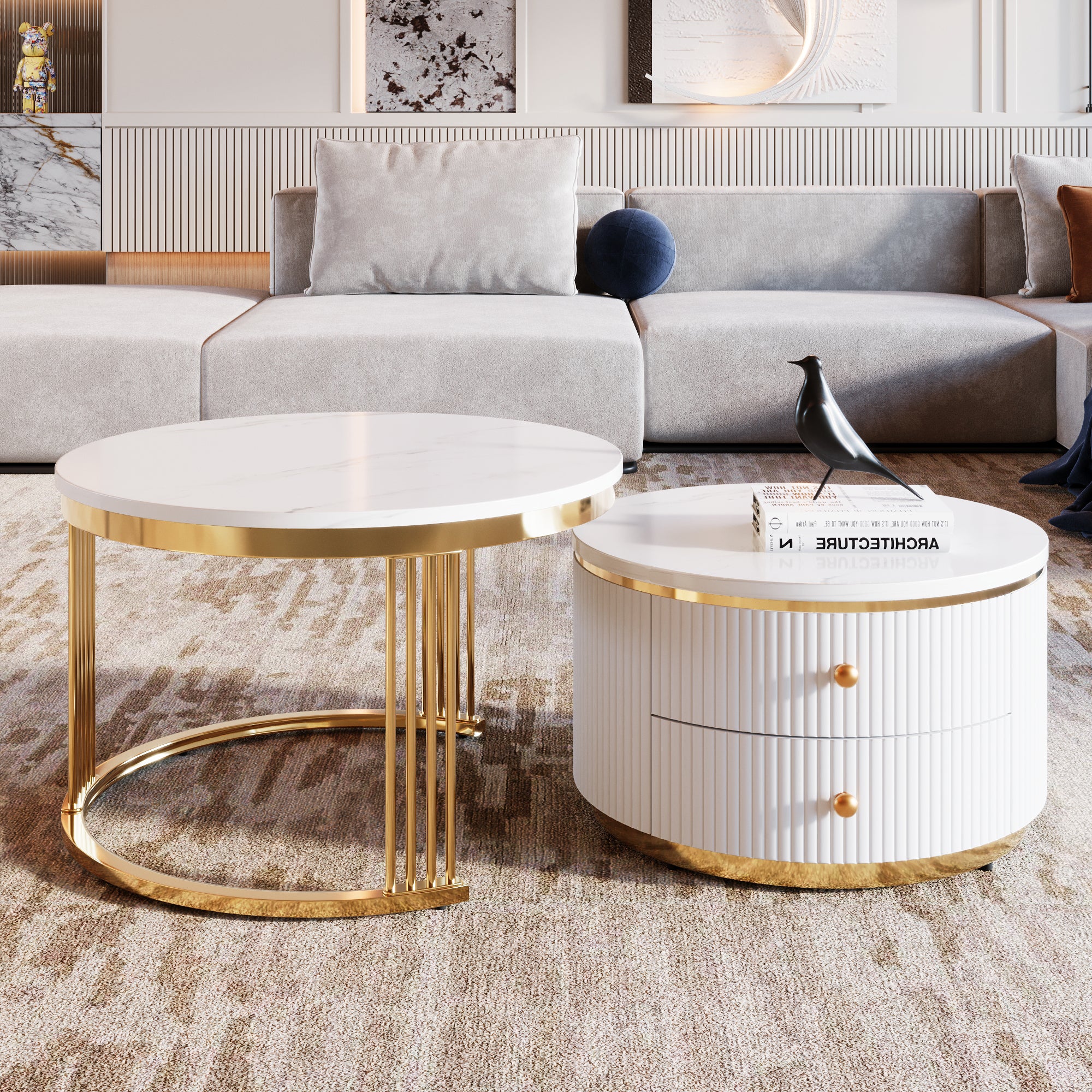 White Round Nesting Coffee Tables with Drawers
