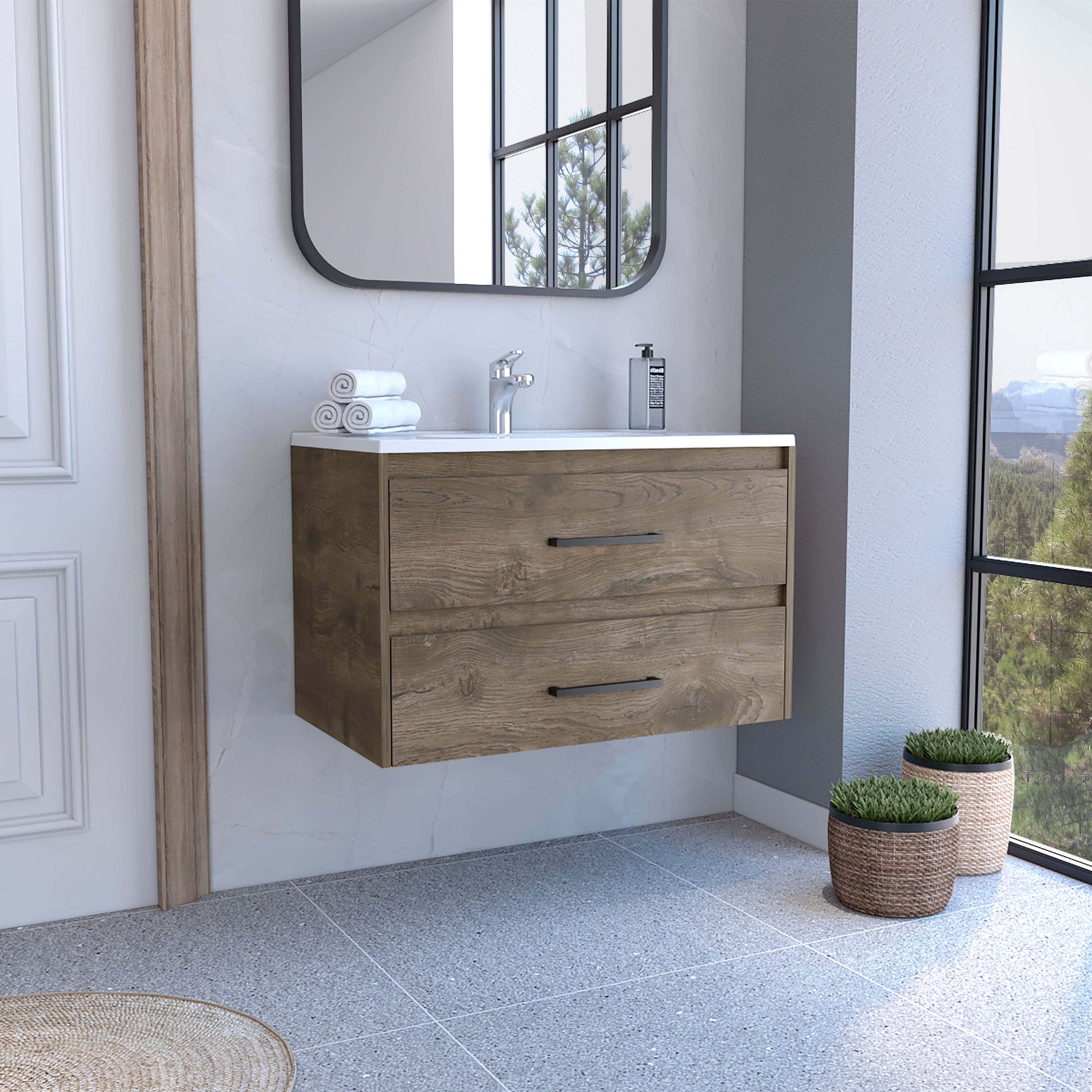 Praga Floating Vanity: 2 Drawers, Dark Brown/White