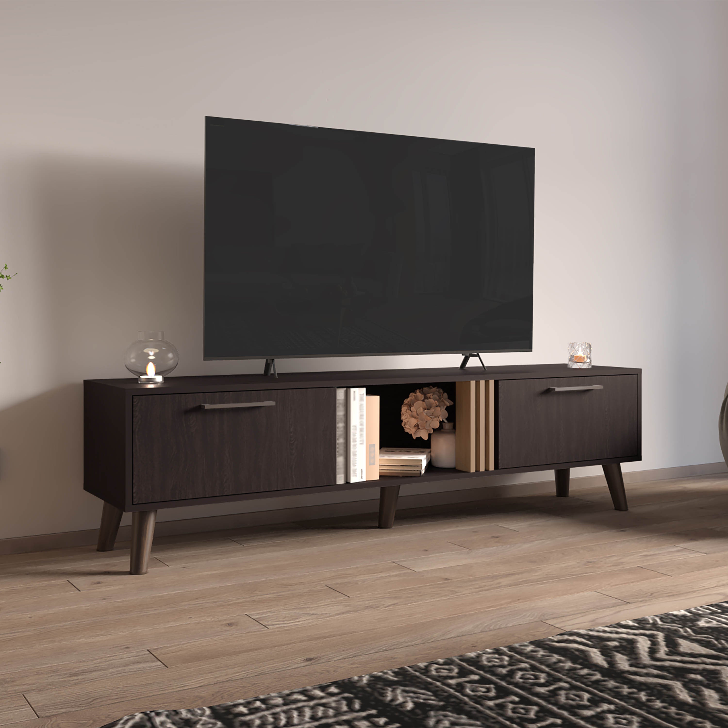 Modern TV Stand, 2 Doors & Shelf, Black & Oak