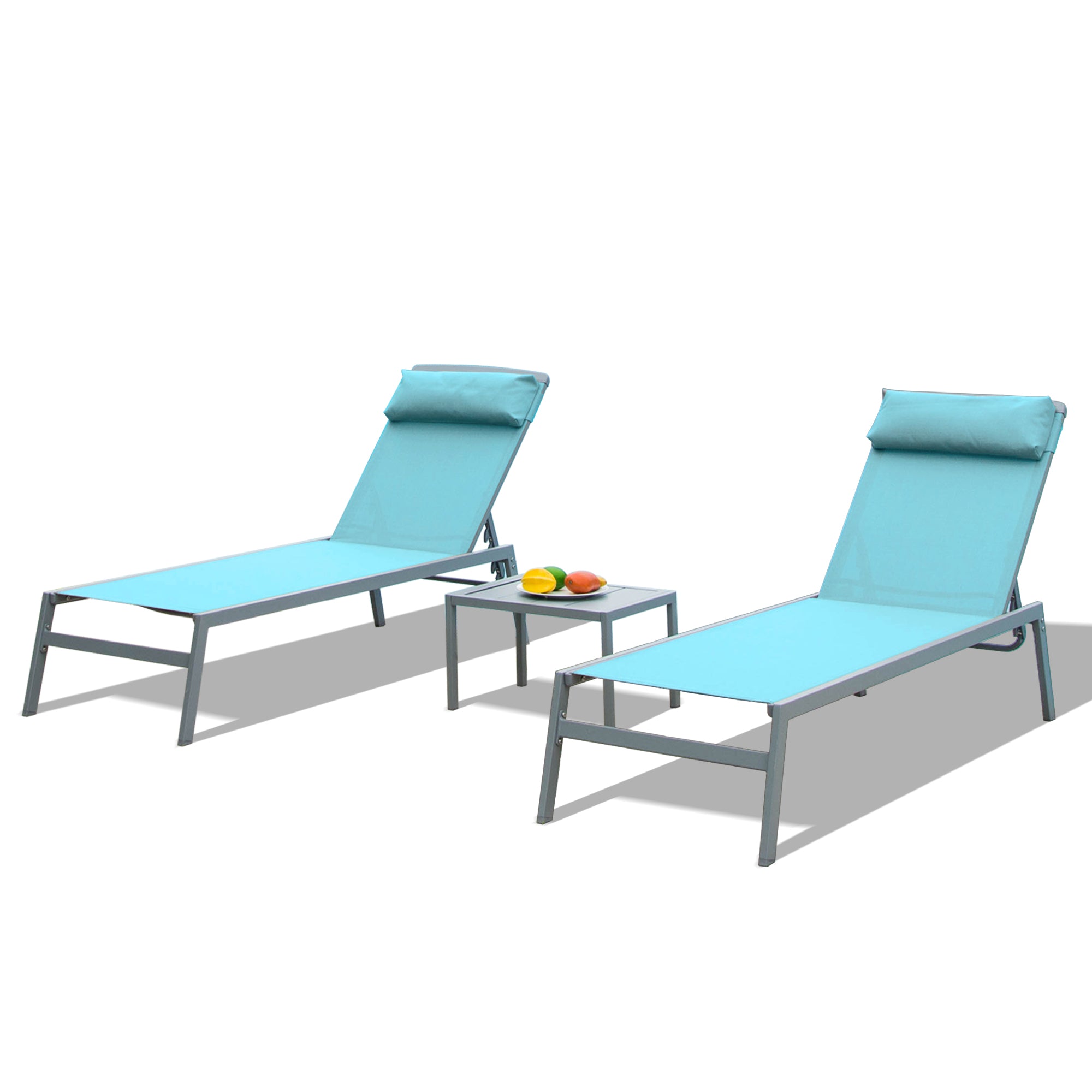 3-PC Patio Chaise Lounge Set, Aluminum Adjustable Pool Recliner