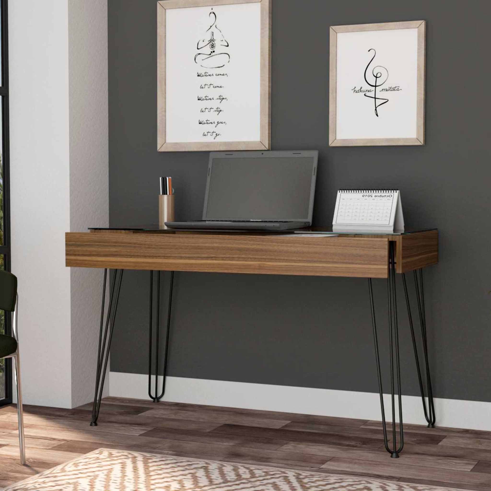 Mahogany Writing Desk | Hairpin Legs | 1 Drawer