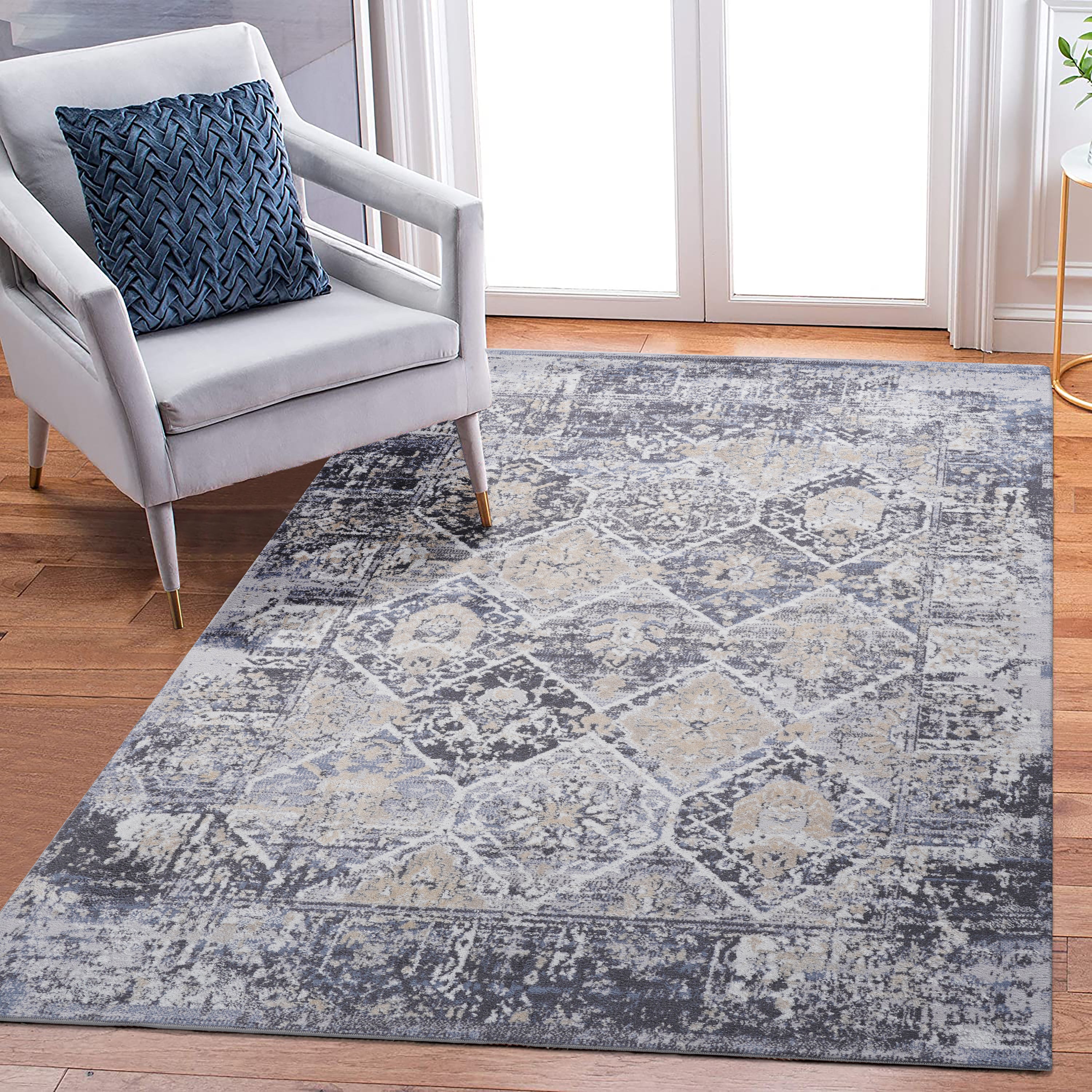 Grey/Blue Area Rug: 6x9 Stain-Resistant Rug