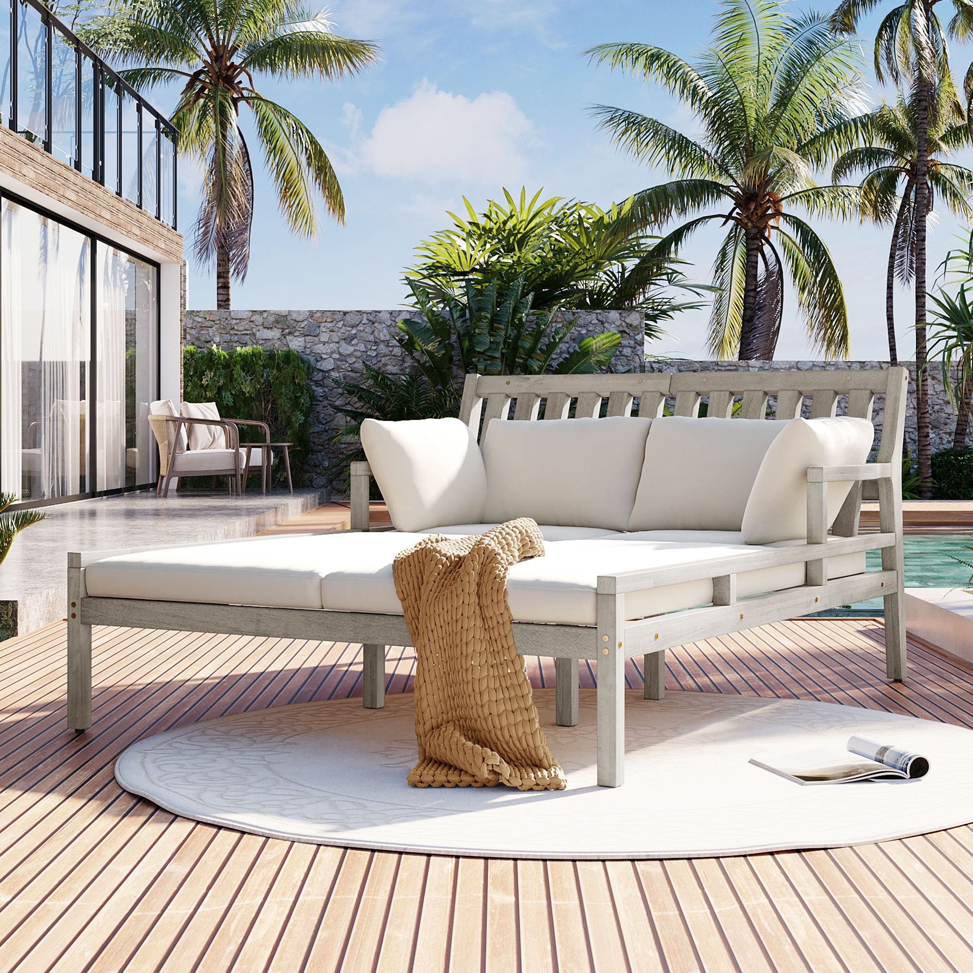 TREXM Outdoor Patio Daybed | Wooden Garden Lounge with Pillows
