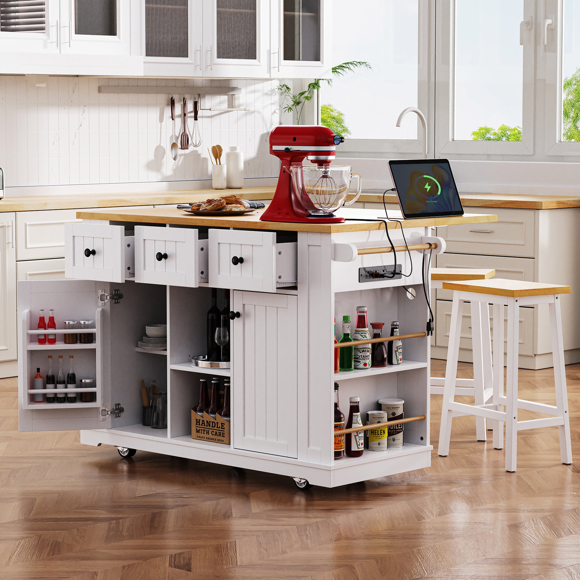 53" Kitchen Island w/ 2 Stools, Power Outlet, Storage - White