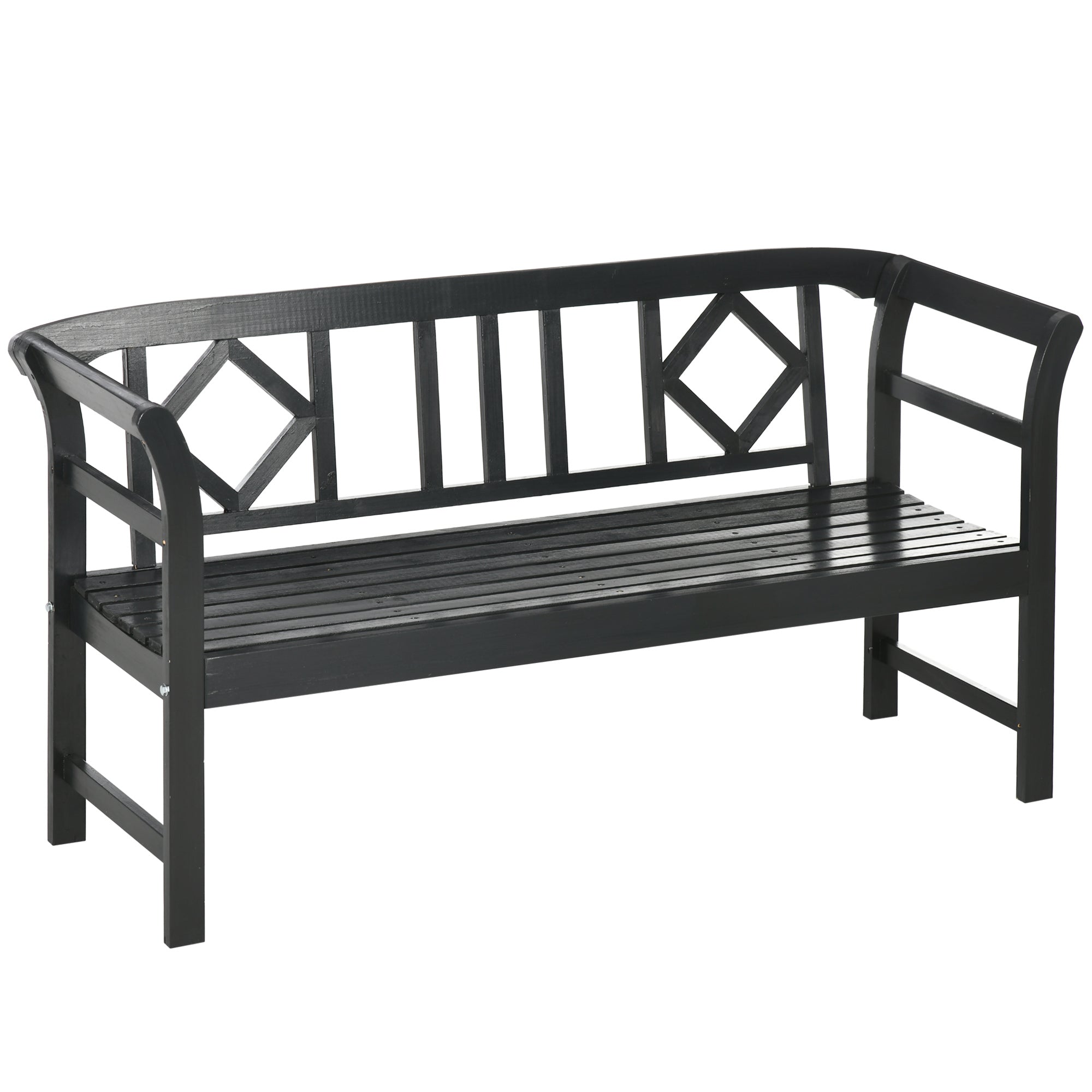 Outsunny 3-Person Black Wooden Patio Garden Bench w/ Backrest Armrests