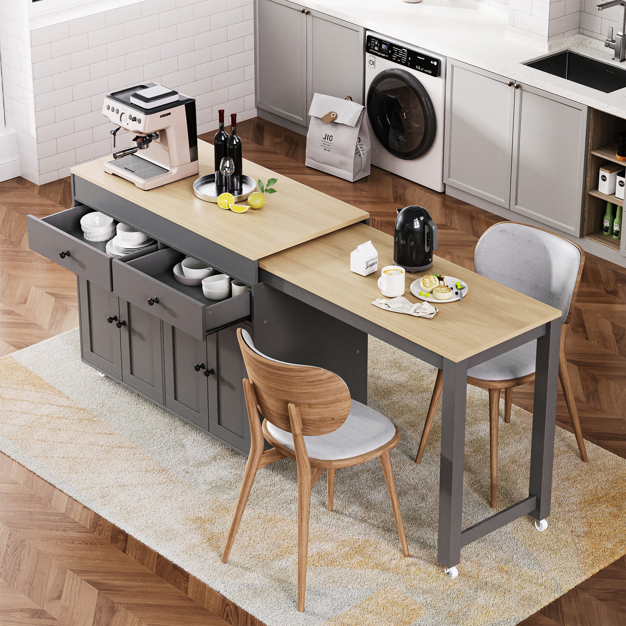 K&K 74.5" Kitchen Island w/ Extendable Table & Wheels - Grey