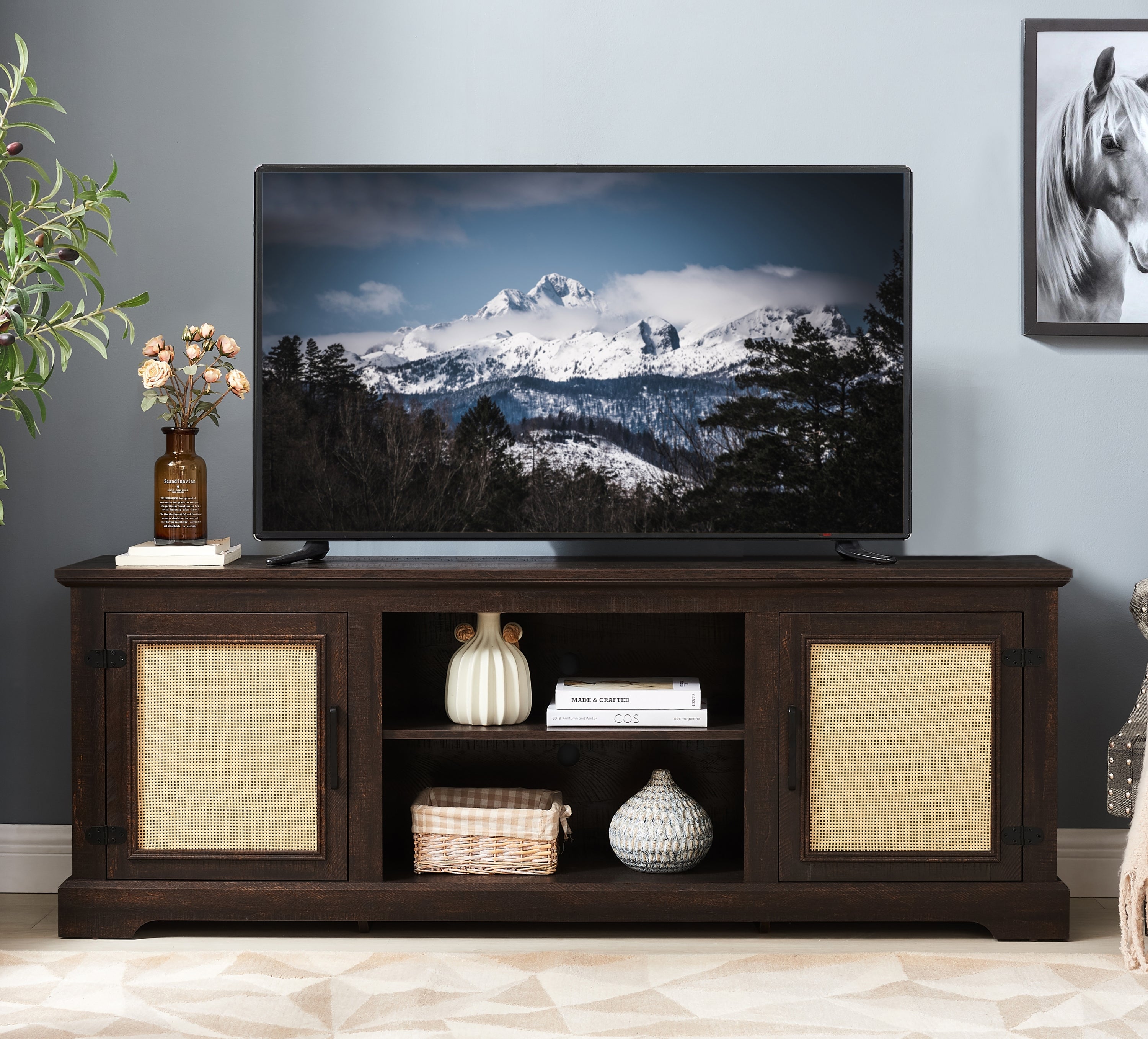 Farmhouse Rattan TV Stand Console Table for 70" TVs - Espresso