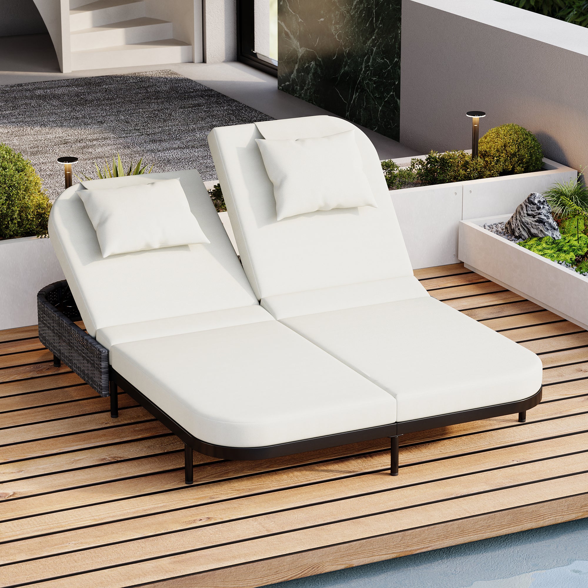 TREXM Outdoor Rattan Daybed - Adjustable Patio Loveseat w/ Cushions