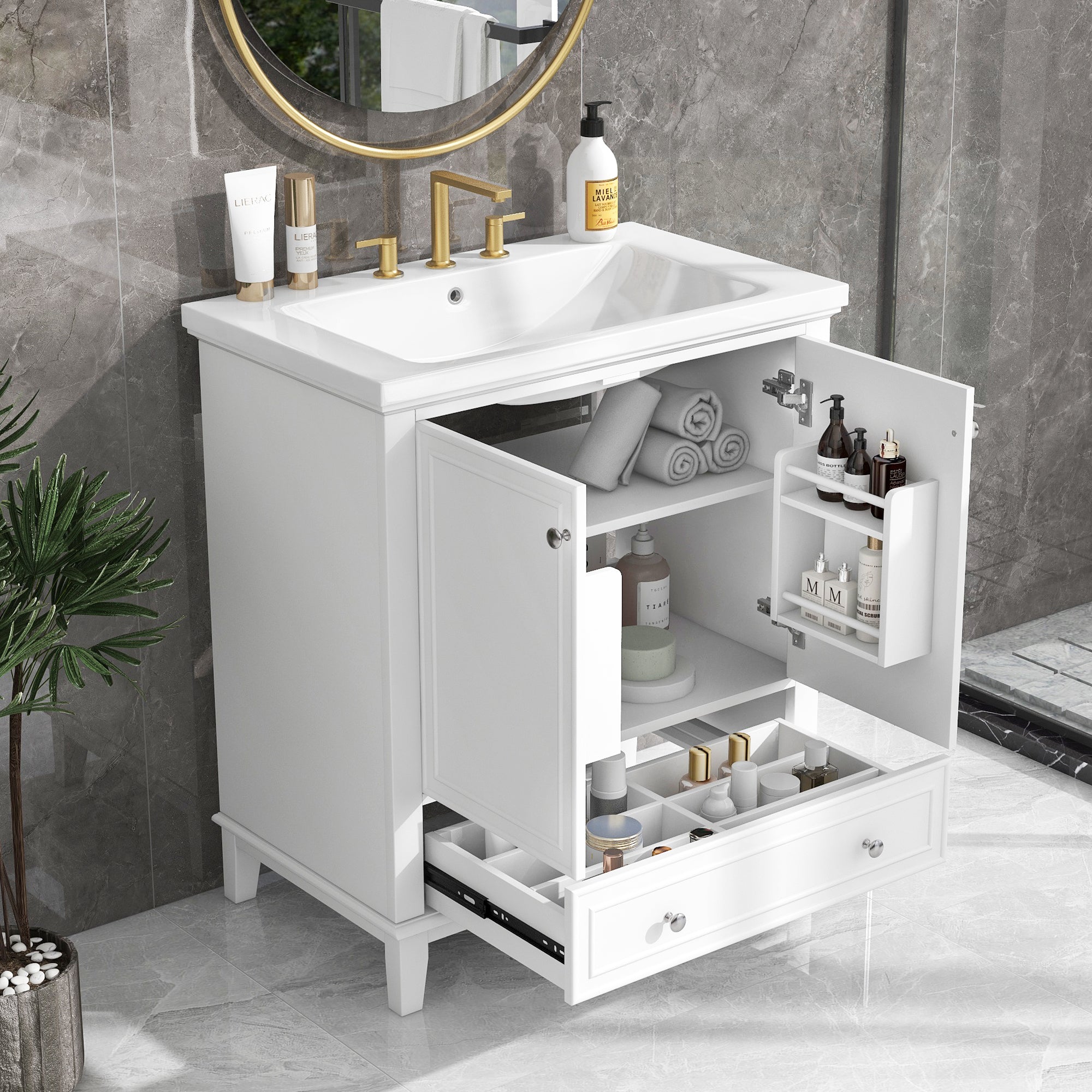 30" White Bathroom Vanity with Sink & Drawer