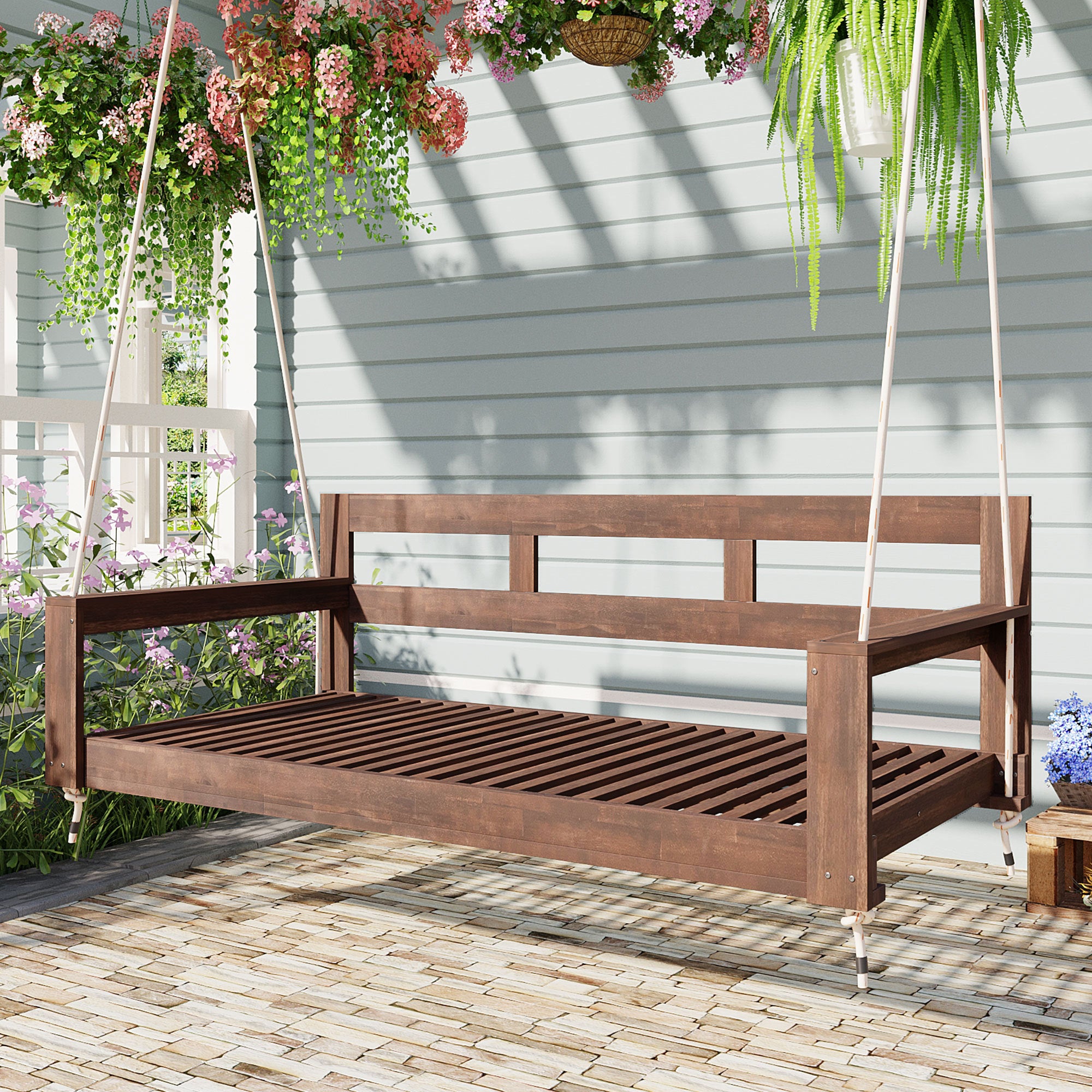 TOPMAX Wooden Porch Swing Daybed - Outdoor Garden Bench with Ropes