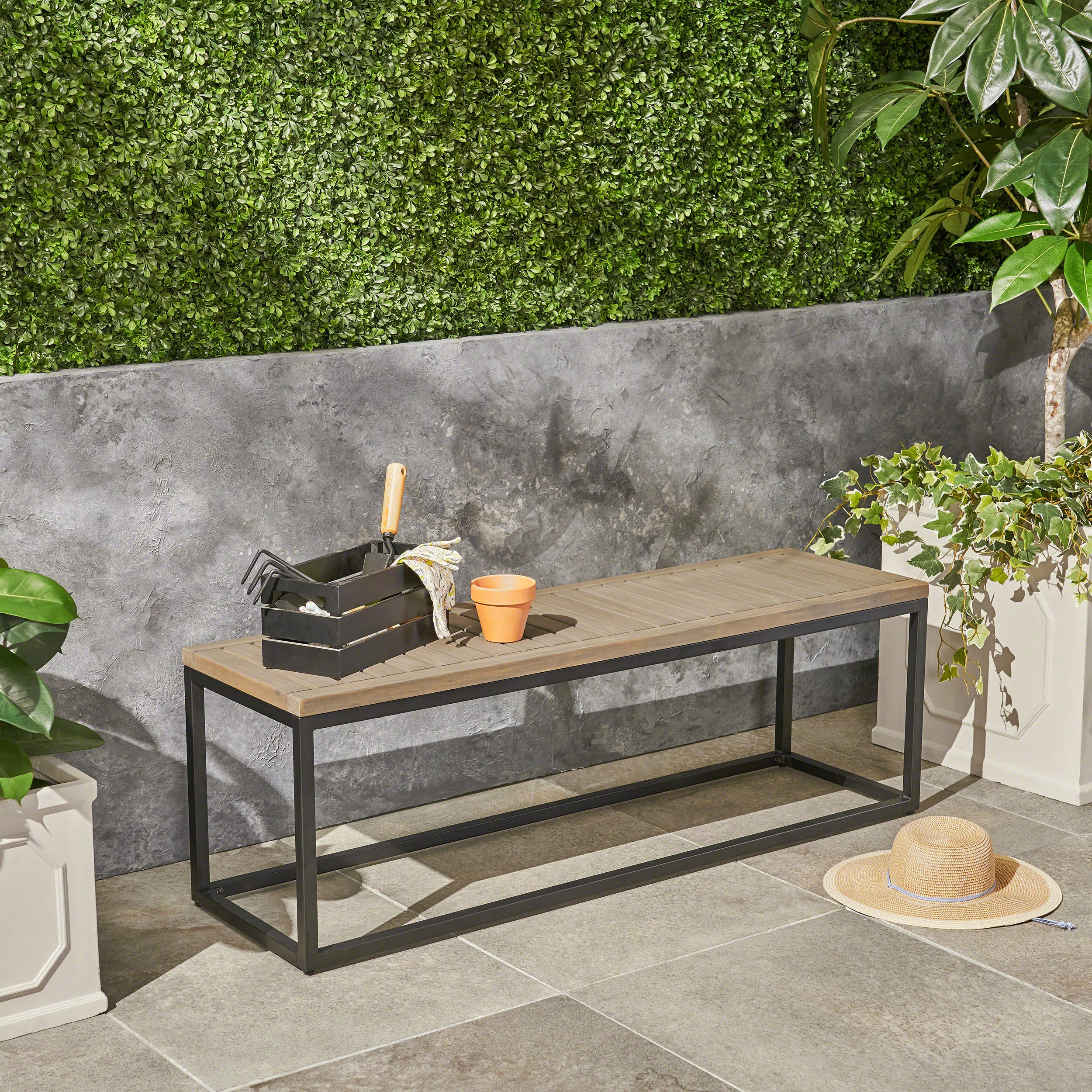 Wood & Metal Outdoor Bench | JECO Industrial Patio Seating