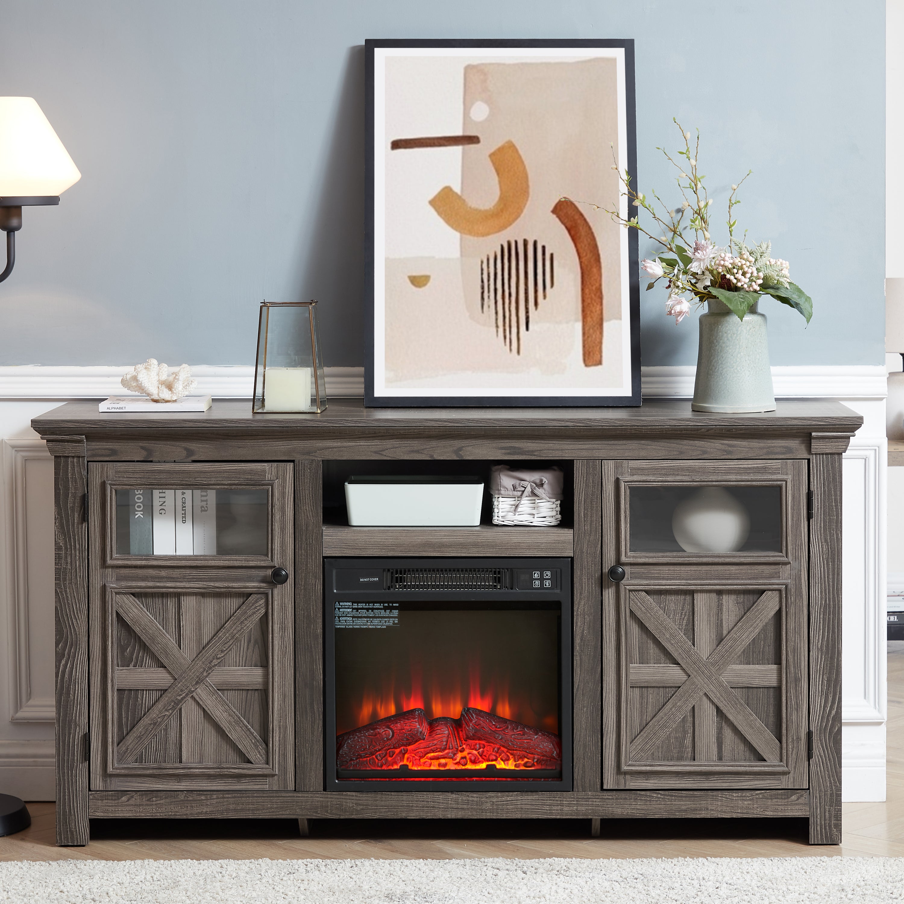 Farmhouse TV Stand with Fireplace - Grey 60"