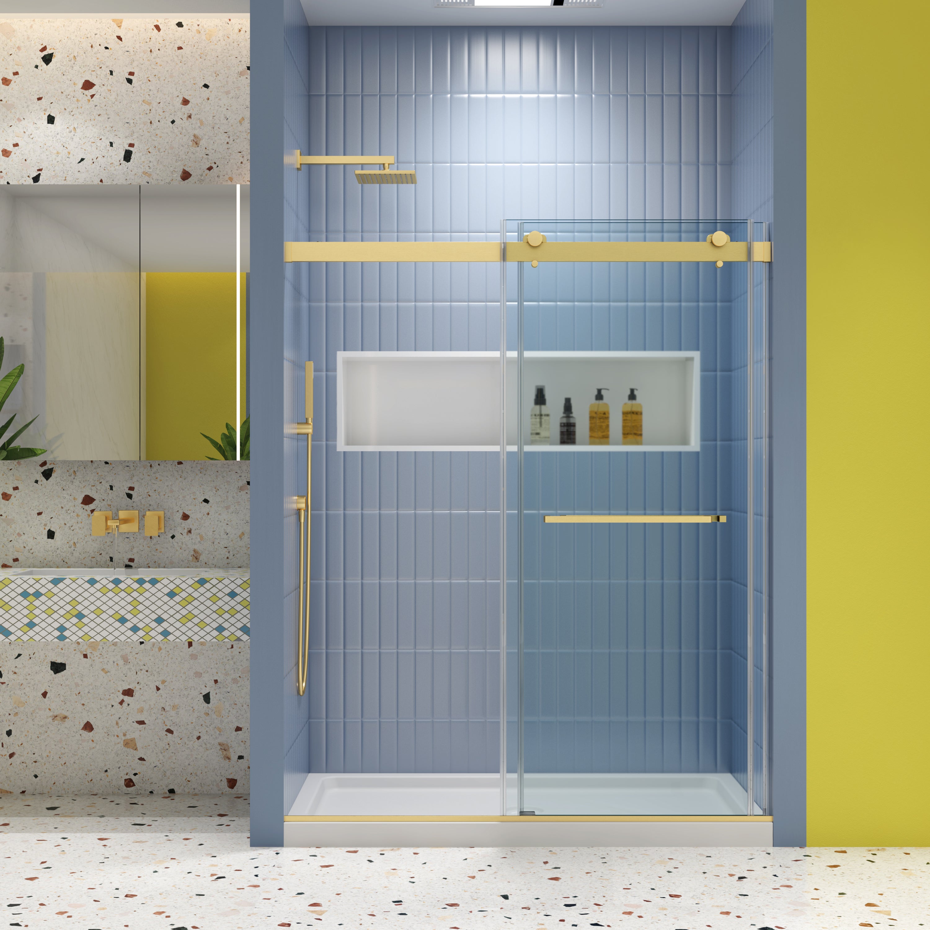 Bypass Shower Door 6074: 5/16" Tempered Glass, Brushed Gold