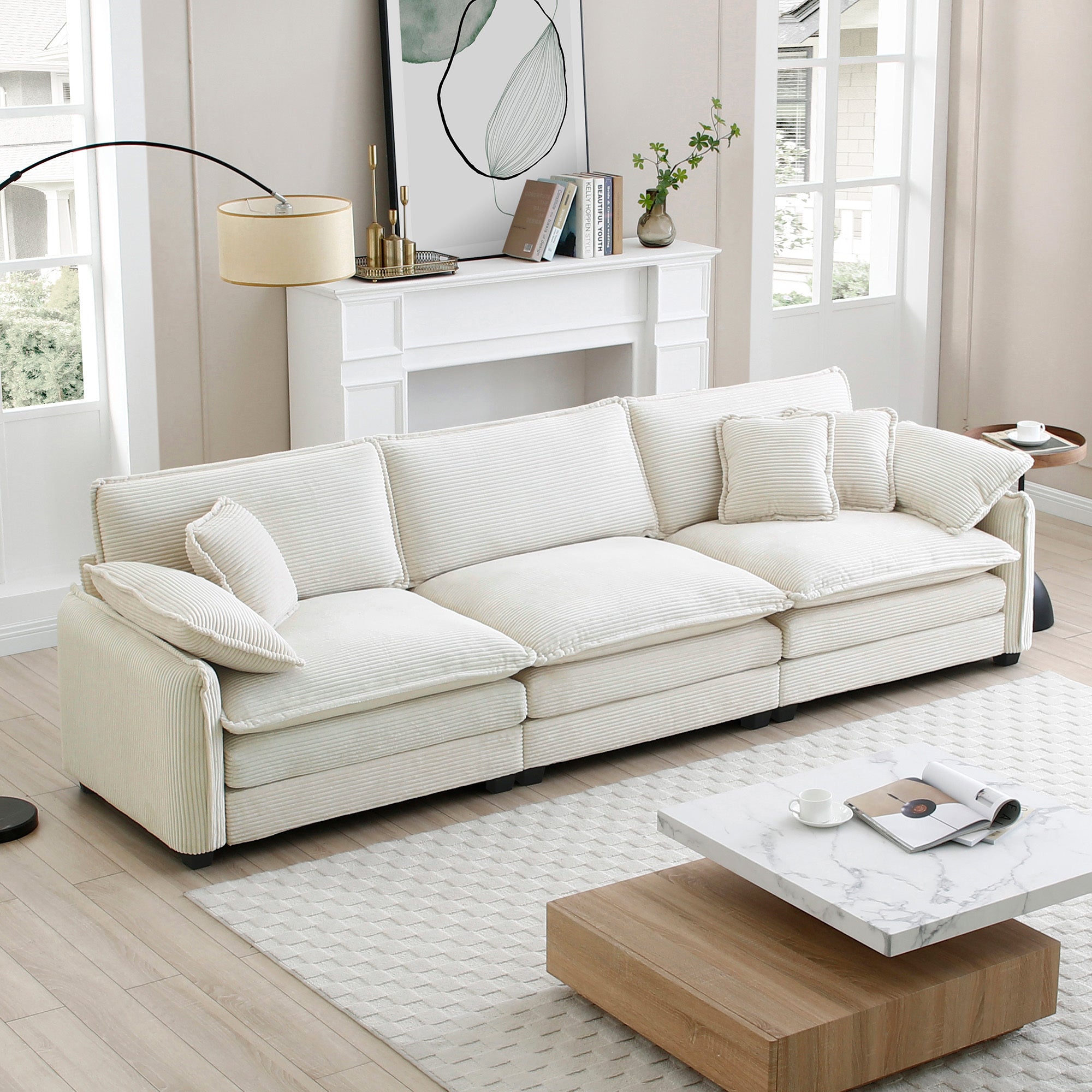 Beige Corduroy Sectional Sofa: Mid-Century Modern