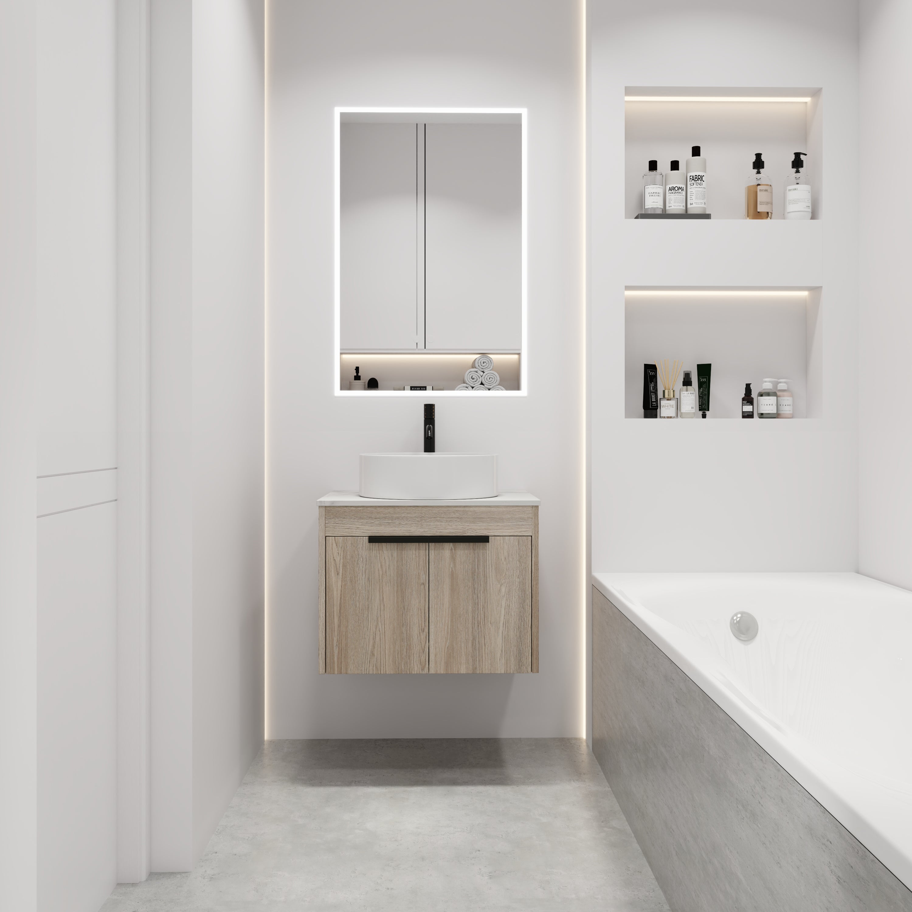 Modern White Oak Floating Bathroom Vanity Set