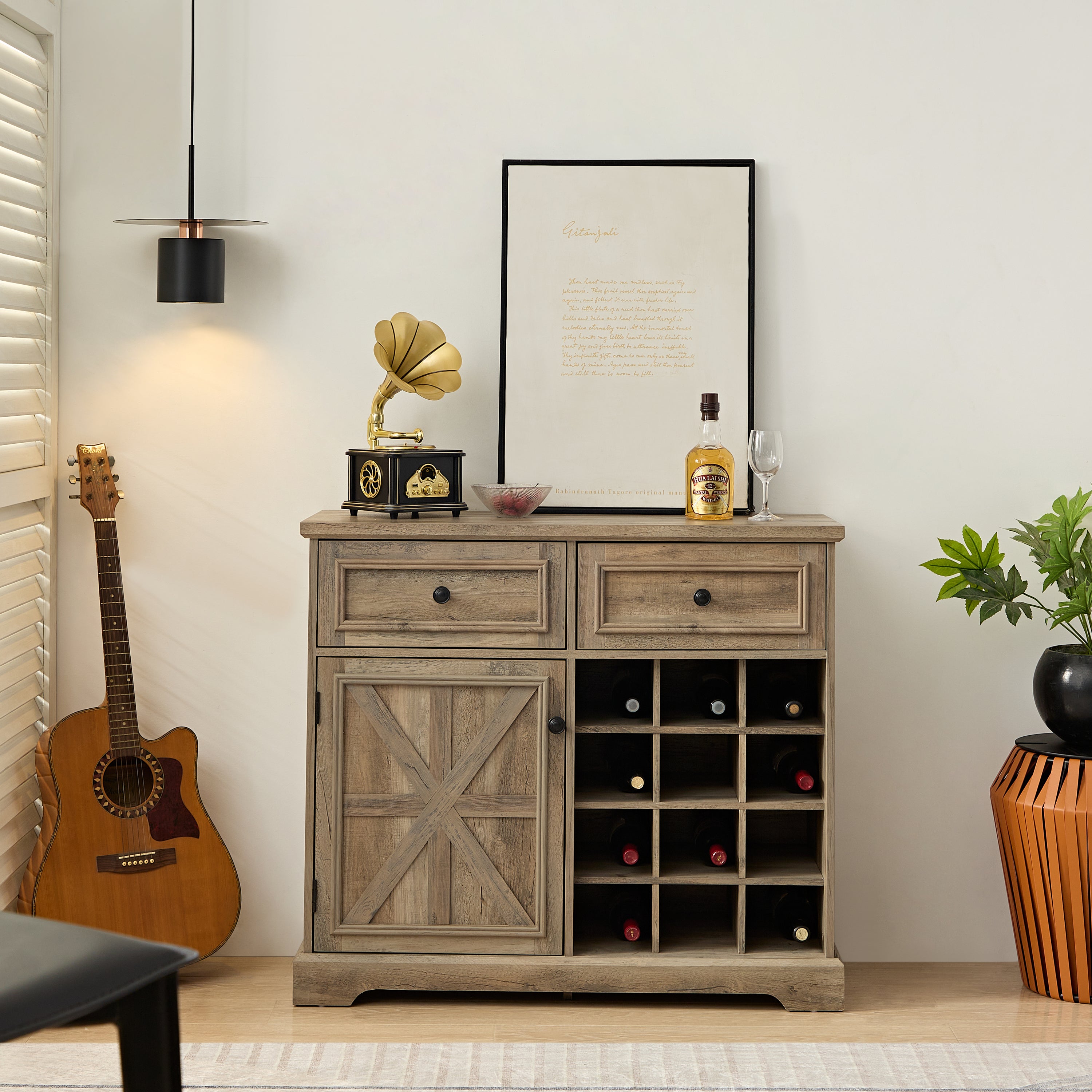 Farmhouse Buffet Cabinet: Gray Wash Storage & Wine Rack