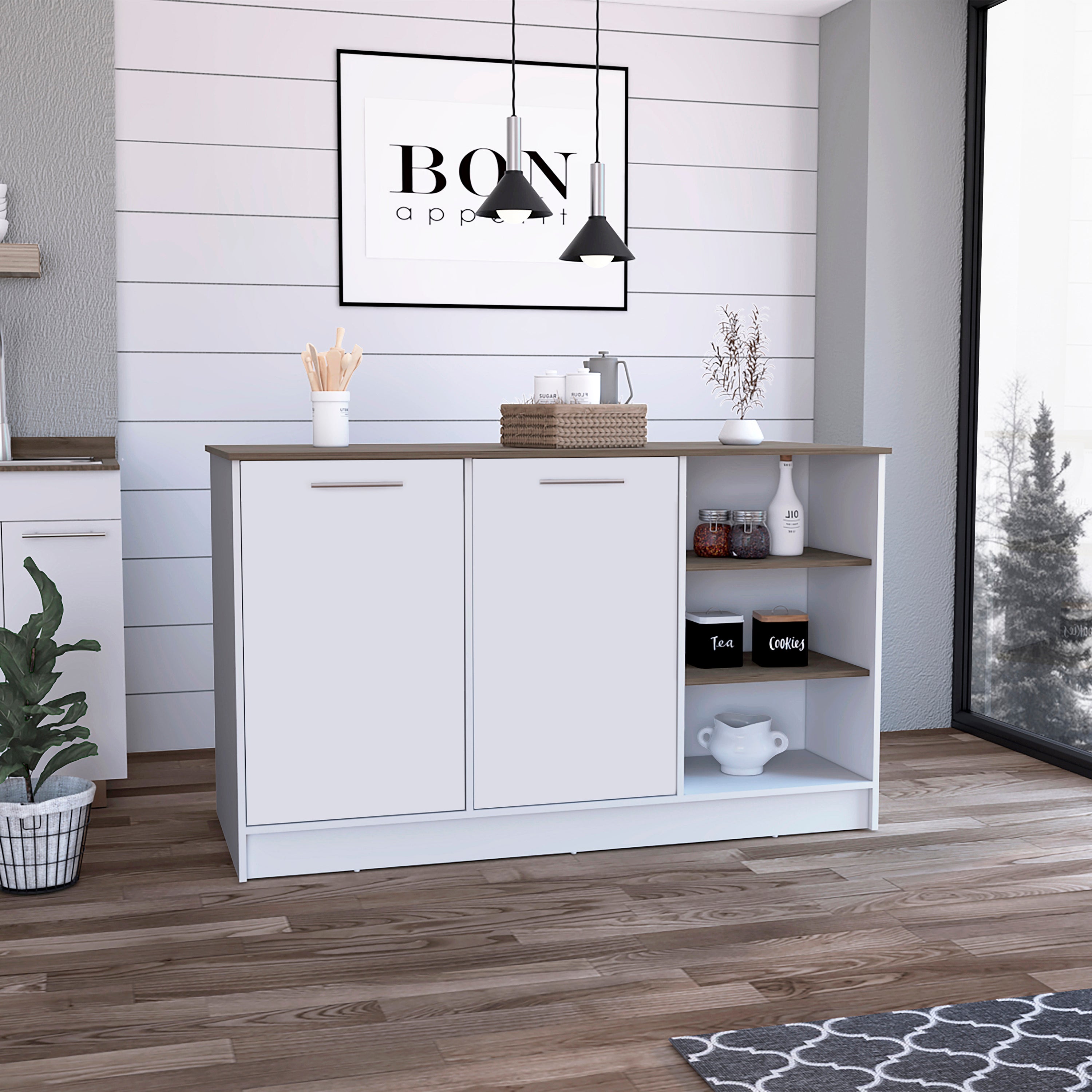 Kitchen Island w/ Cabinets & Shelves - White/Brown