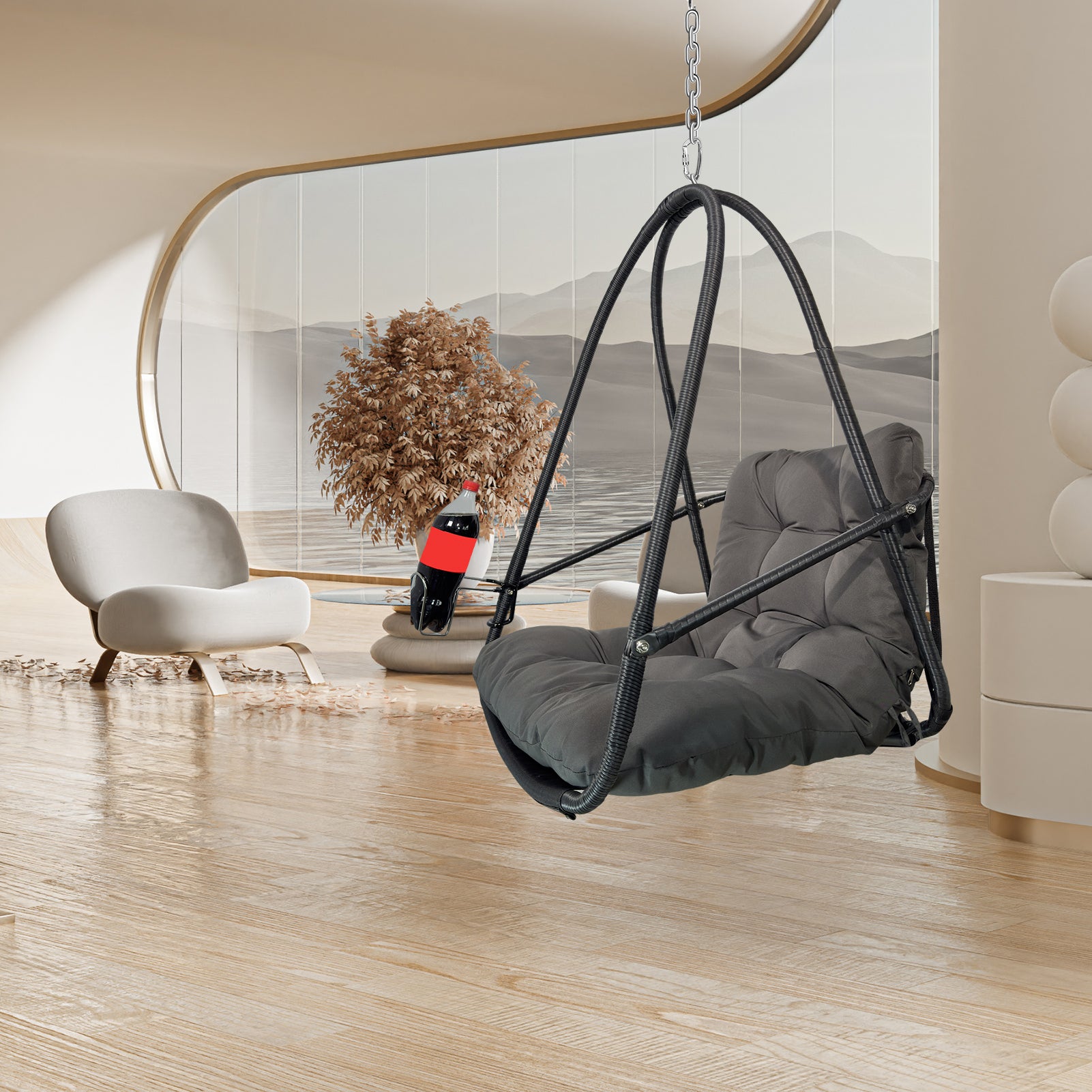 Swing Egg Chair with Stand Indoor Outdoor Wicker Hanging Cushion Cup Holder