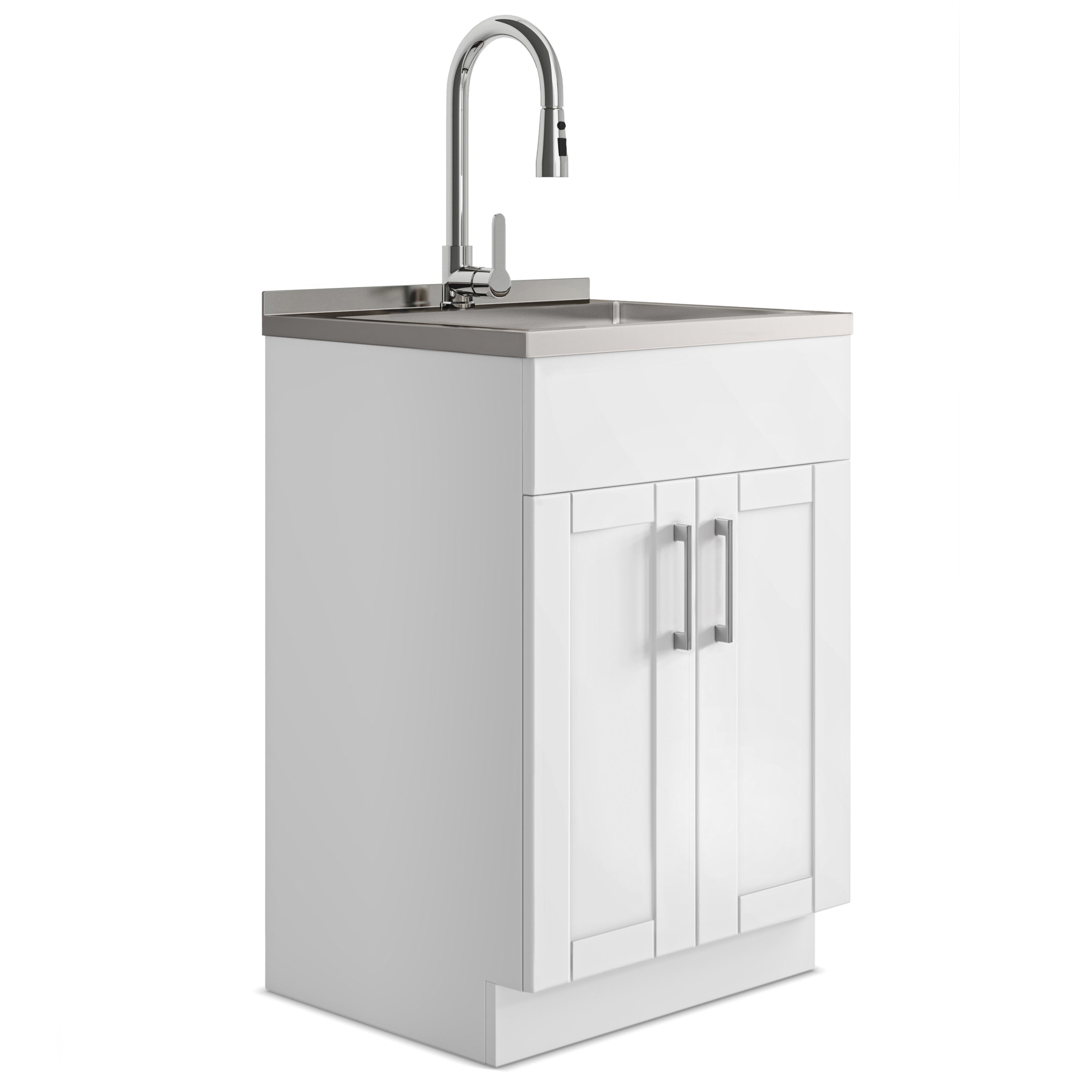 White Shaker Laundry Cabinet: 24" Wide, Faucet & Sink