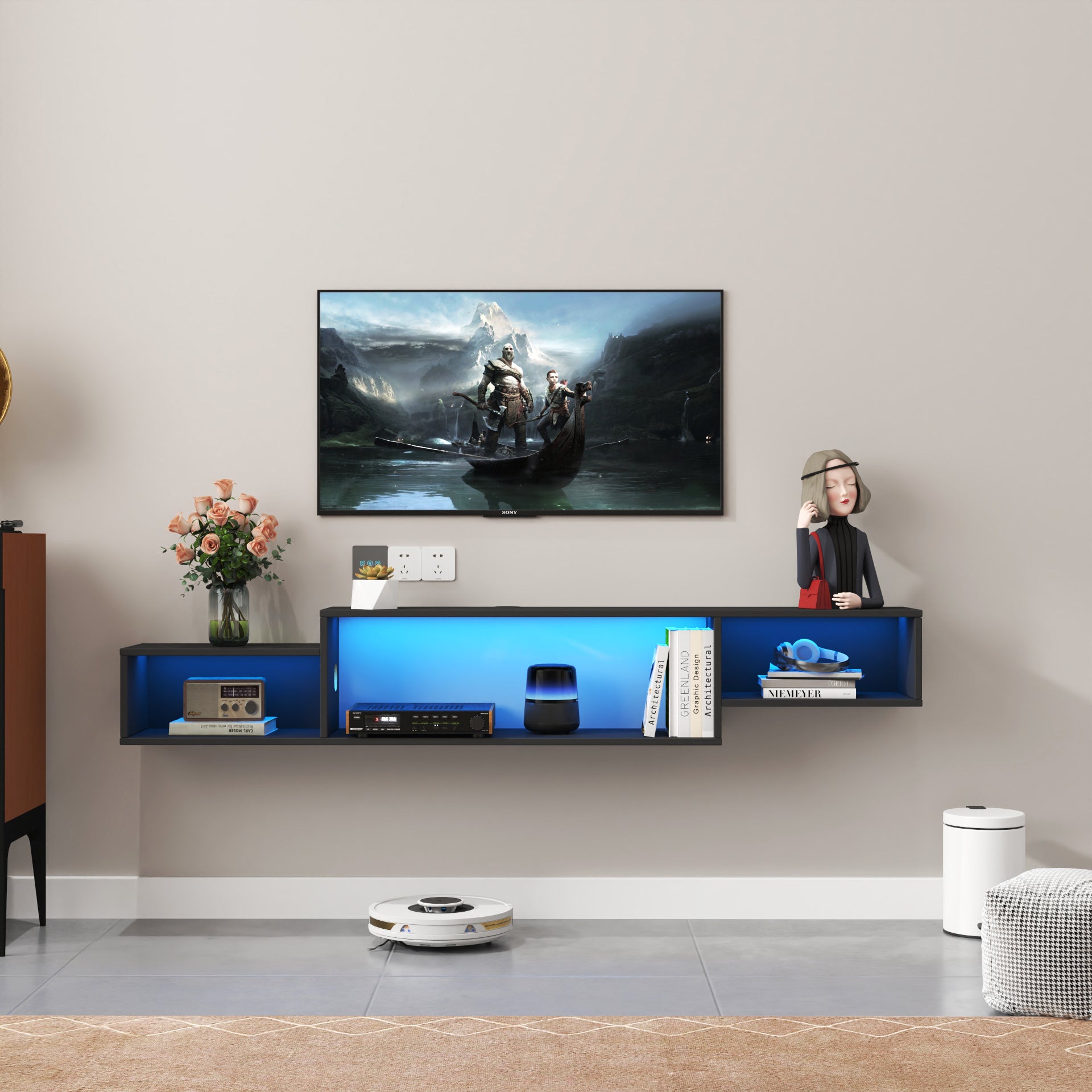 65.35" Floating TV Stand w/ LED Lights & Charging Station