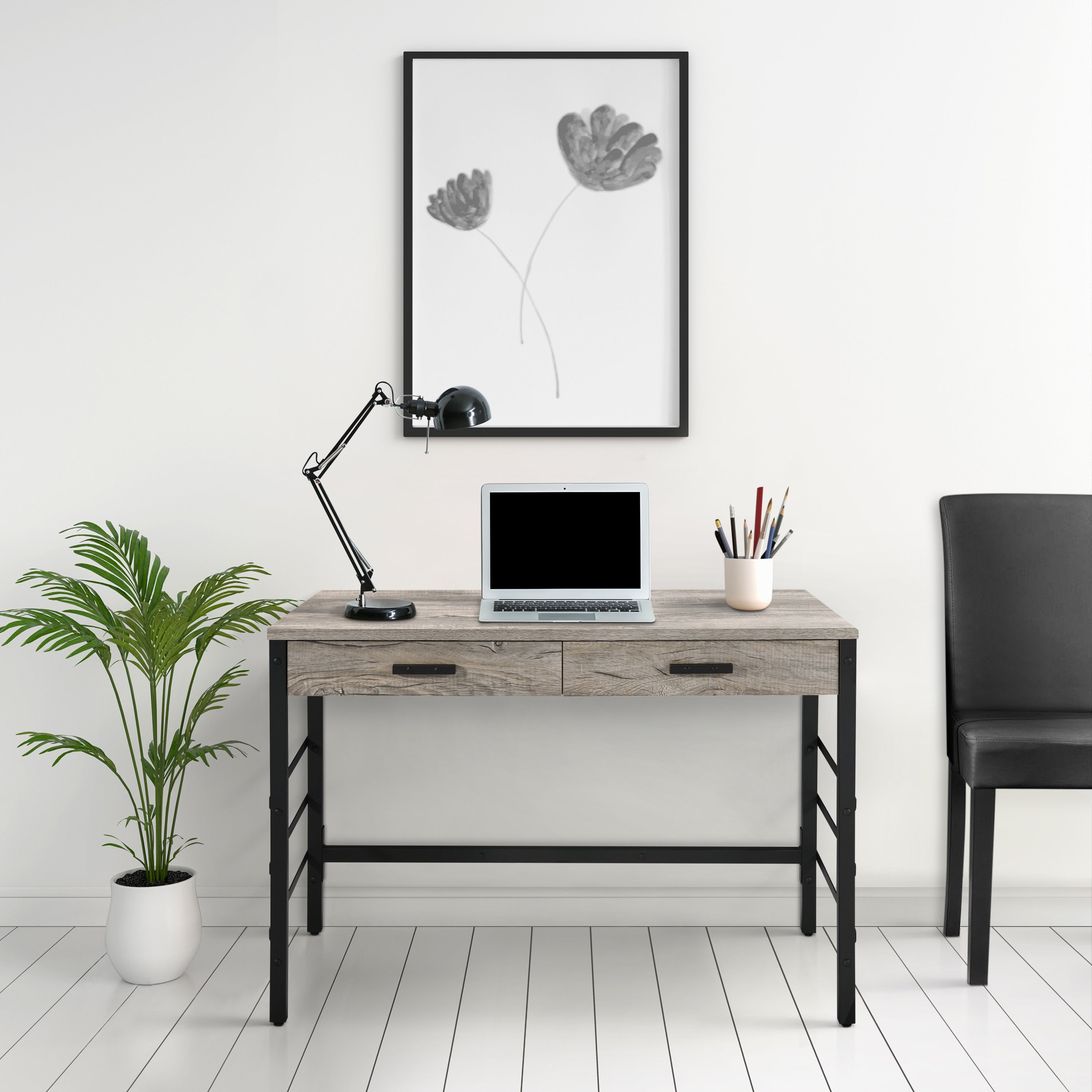 Light Oak & Black Writing Desk | 2 Drawers