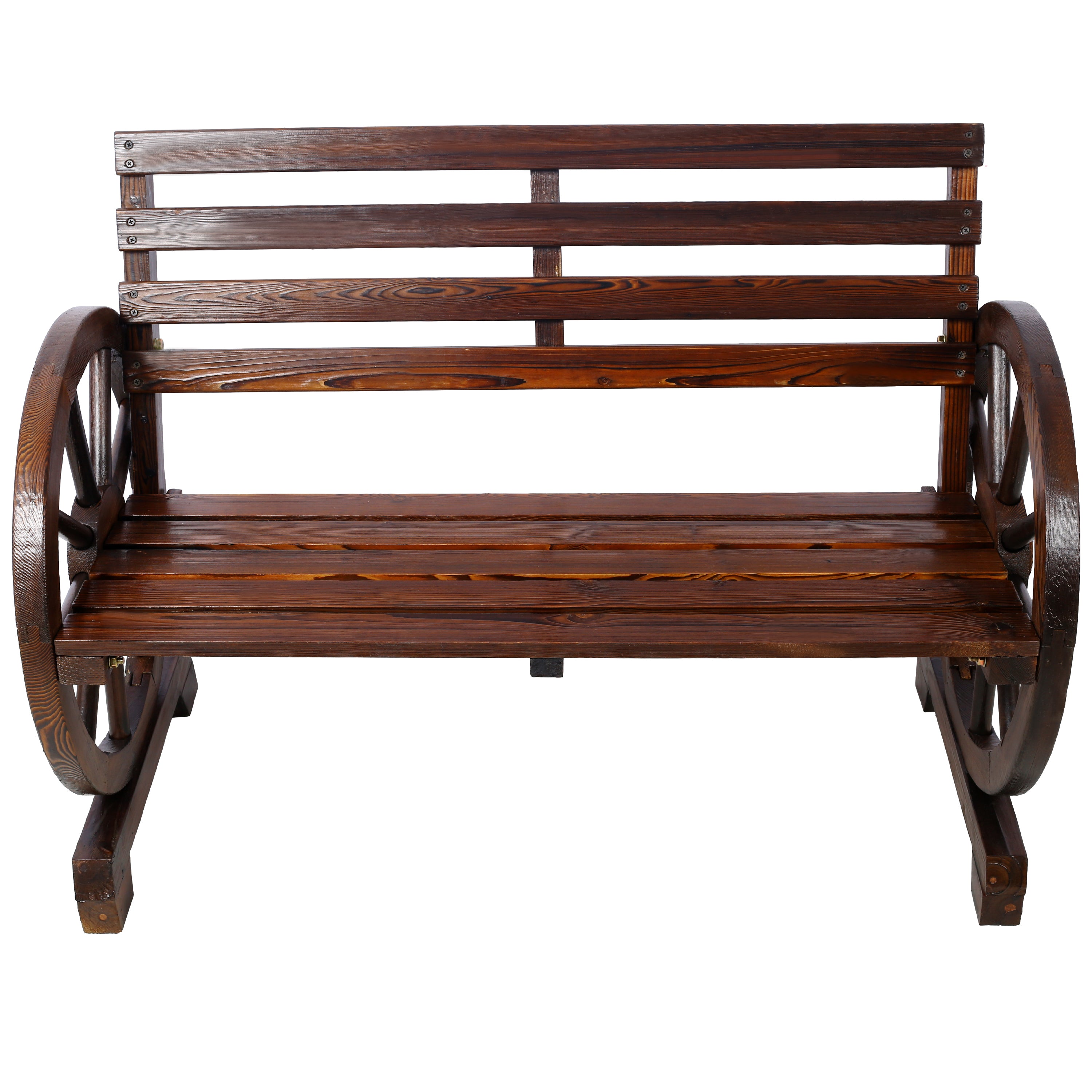 Rustic Wagon Wheel 2-Person Wooden Bench Brown