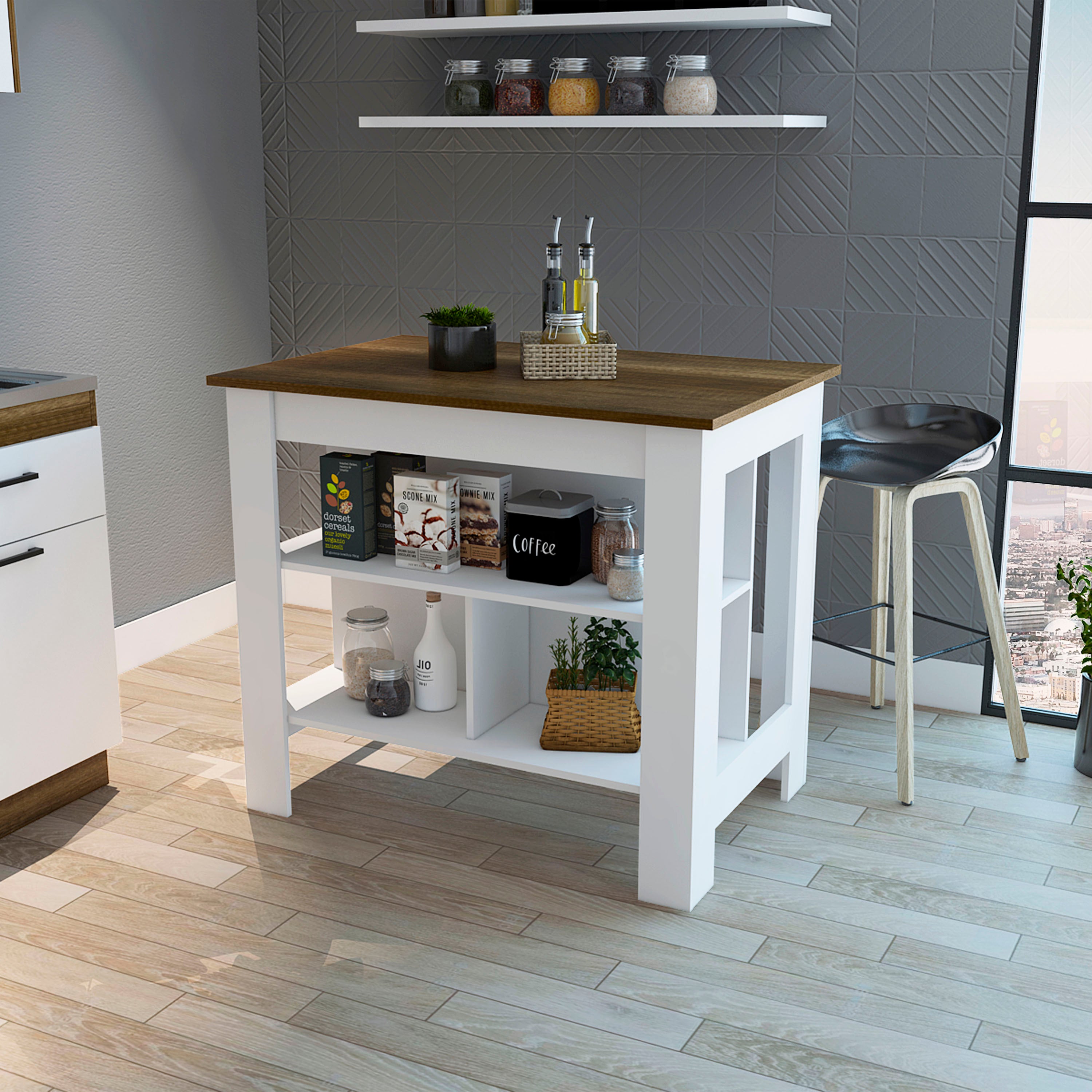 Cala Kitchen Island, White & Walnut, 3 Shelves