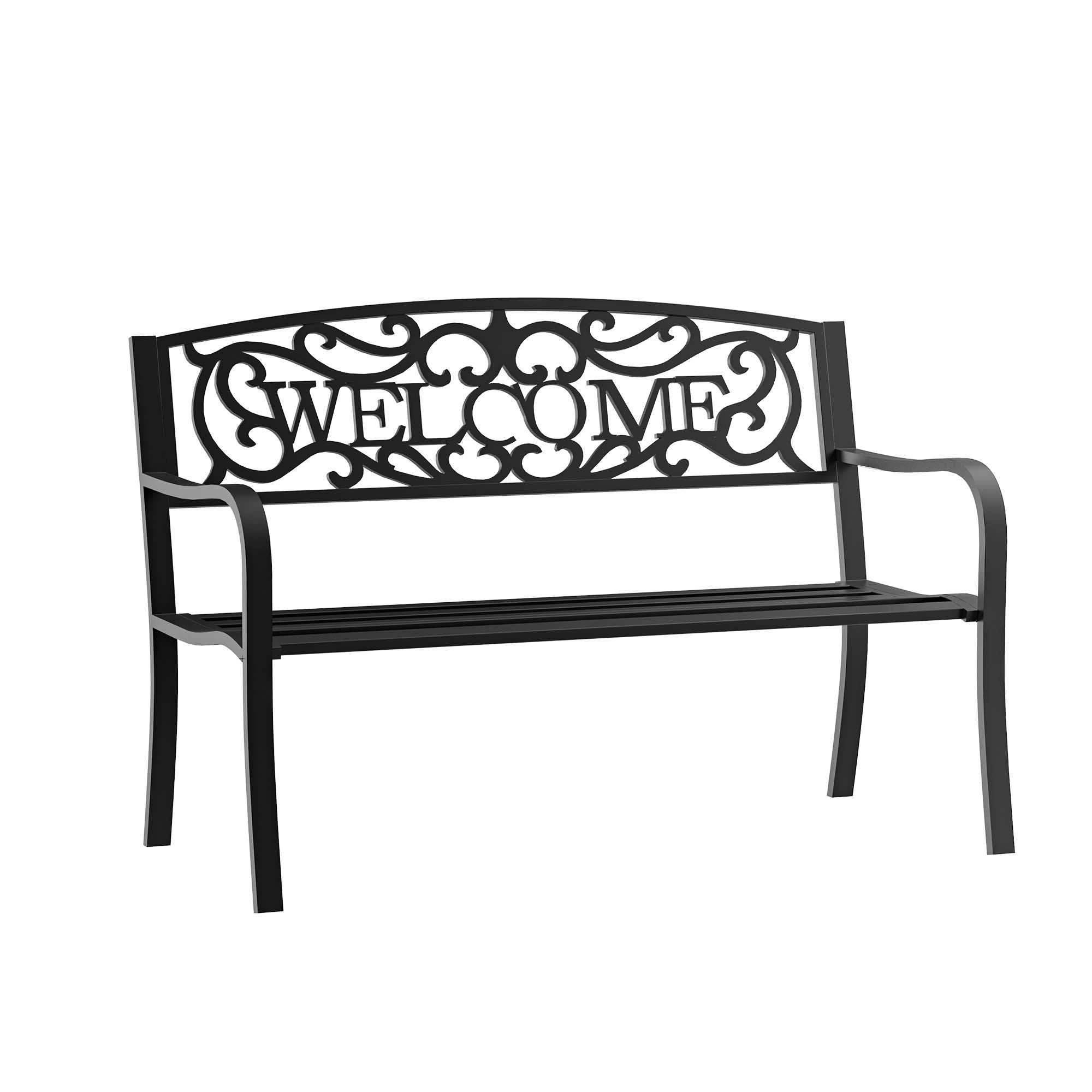 Outsunny Black Metal Slatted Outdoor Garden Patio Welcome Bench