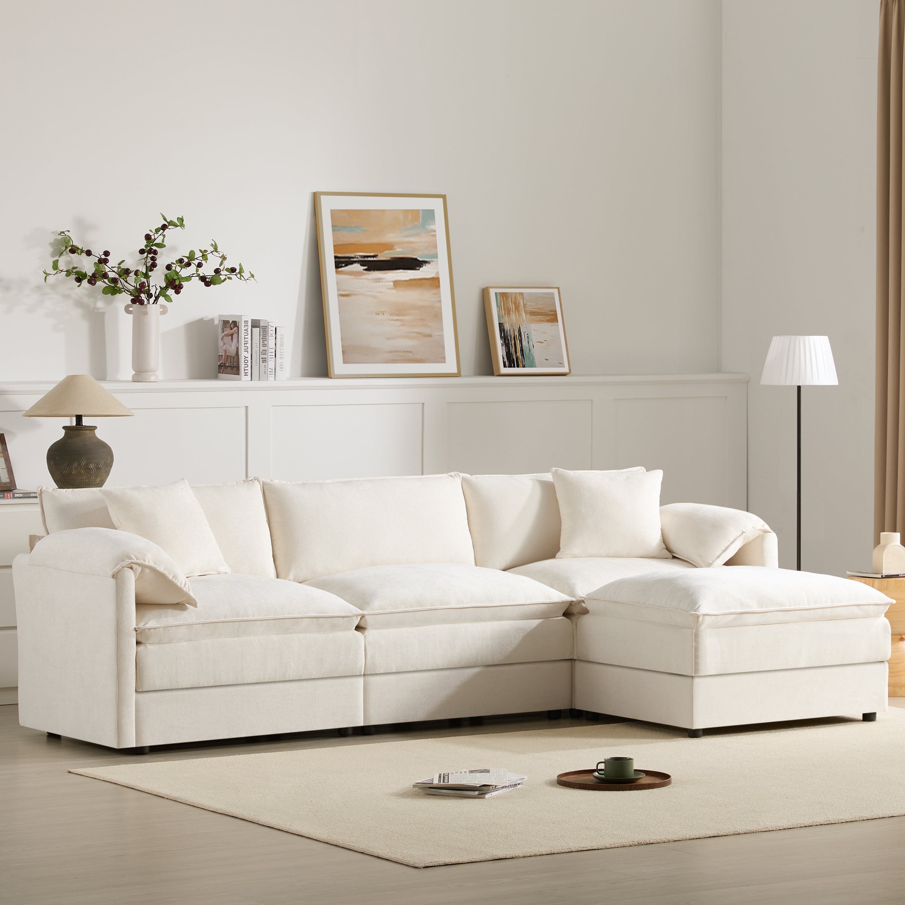 Chenille Modular Sectional Sofa, L-Shaped Cloud Couch, 4 Seat with Ottoman