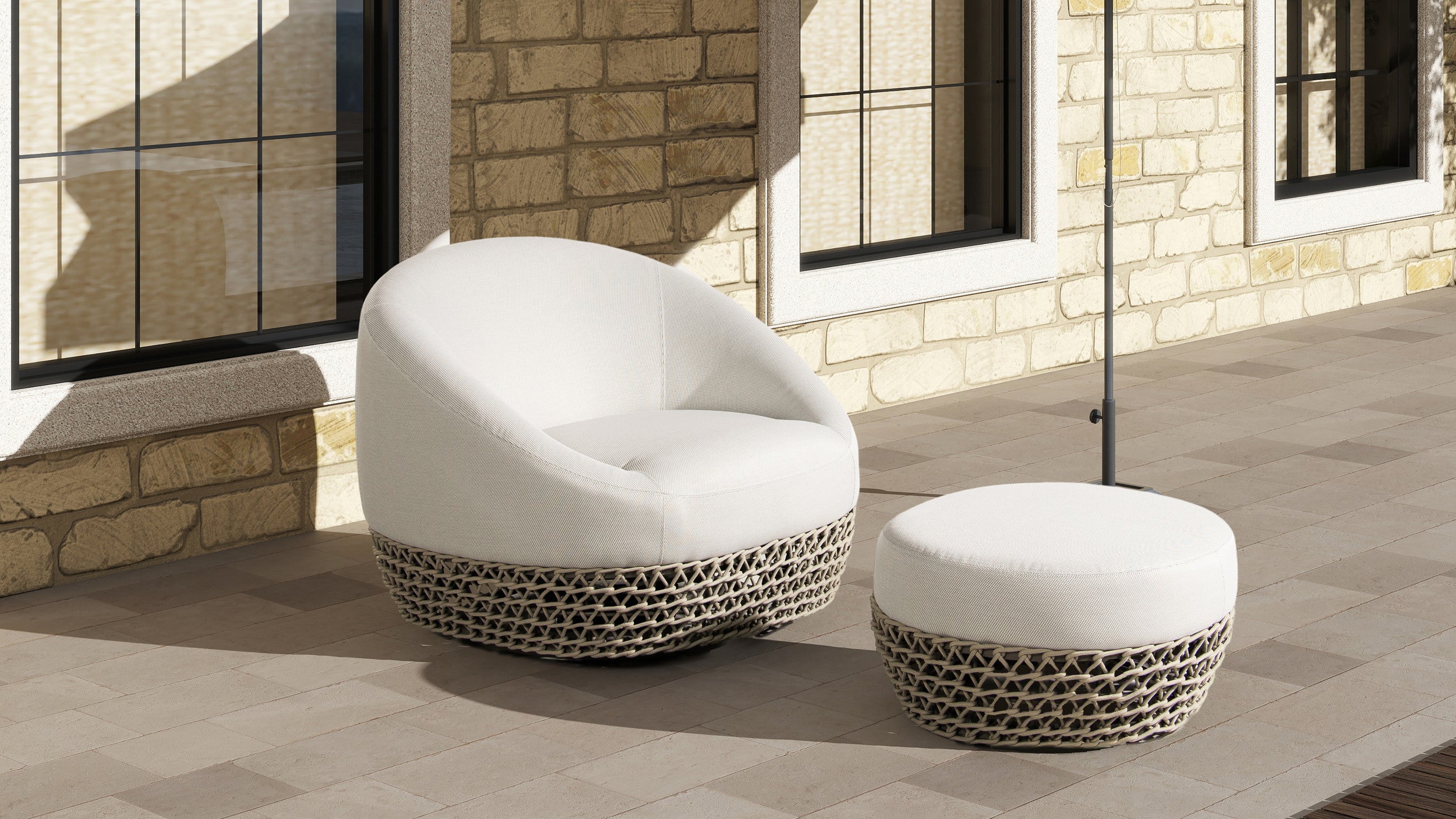 Willow 25' Round Upholstered Woven Patio Ottoman - Beige Axroma Olefin