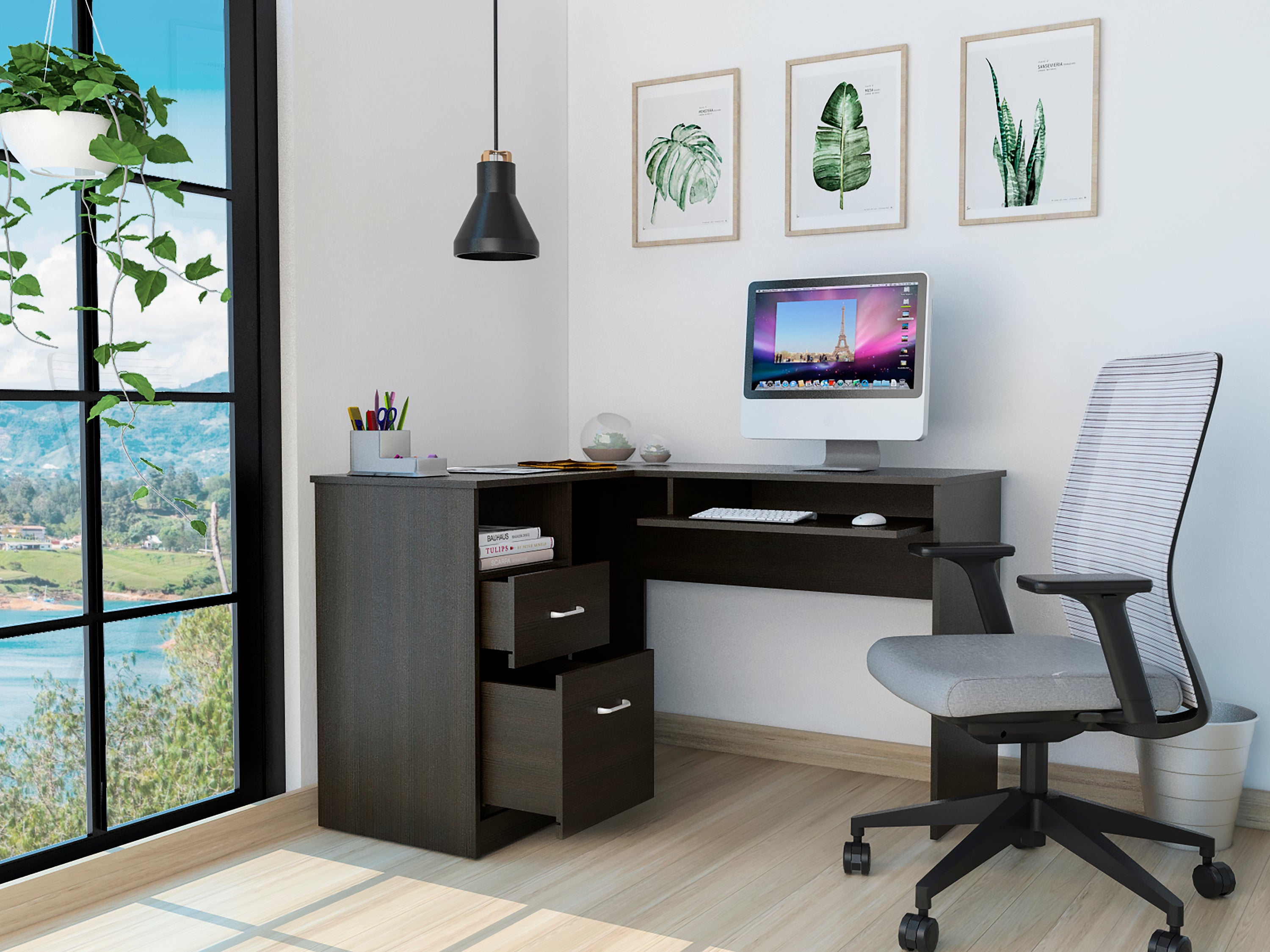 Black Wenge L-Shaped Computer Desk w/ Drawers & Shelf