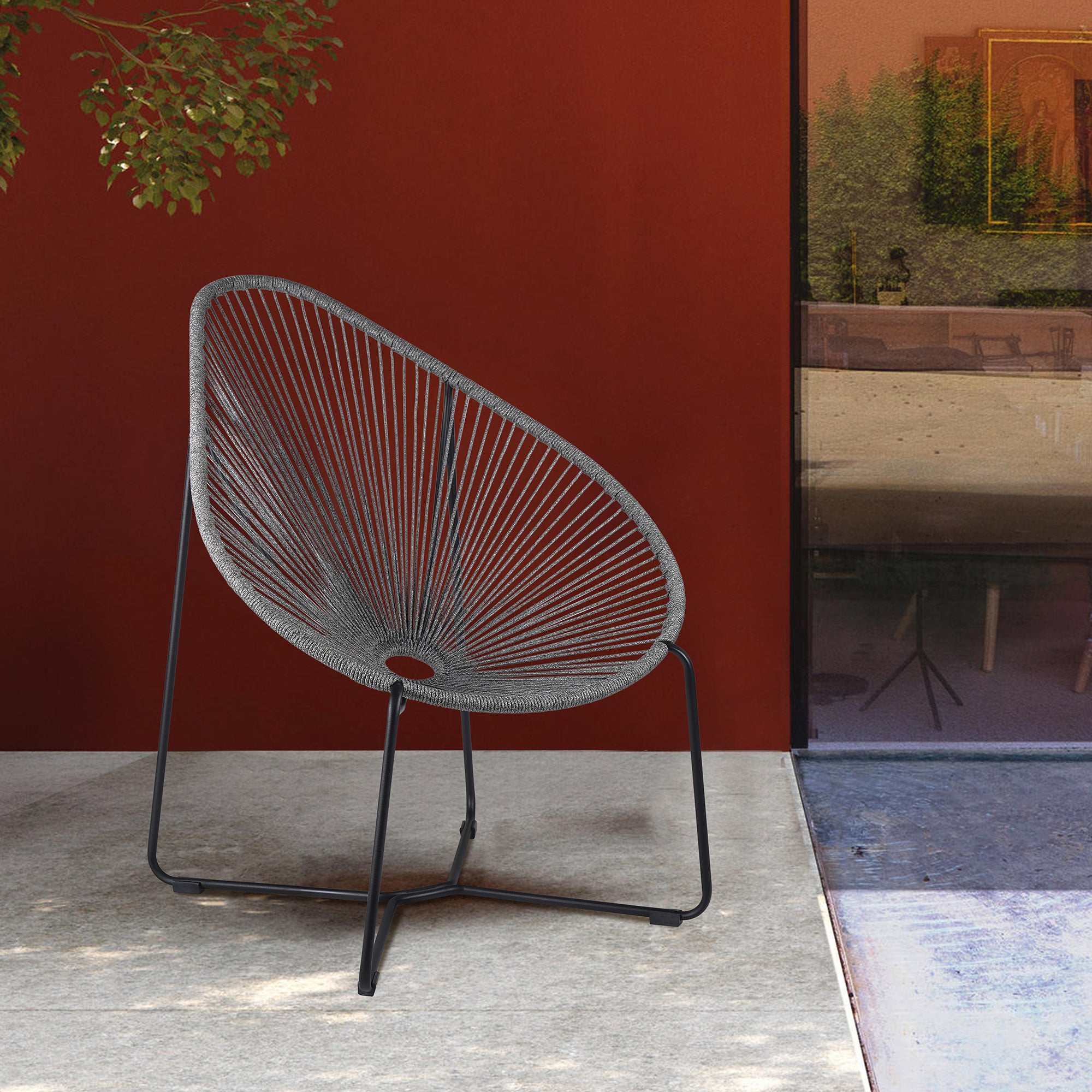 Acapulco Indoor Outdoor Steel Papasan Lounge Chair with Gray Rope – Durable