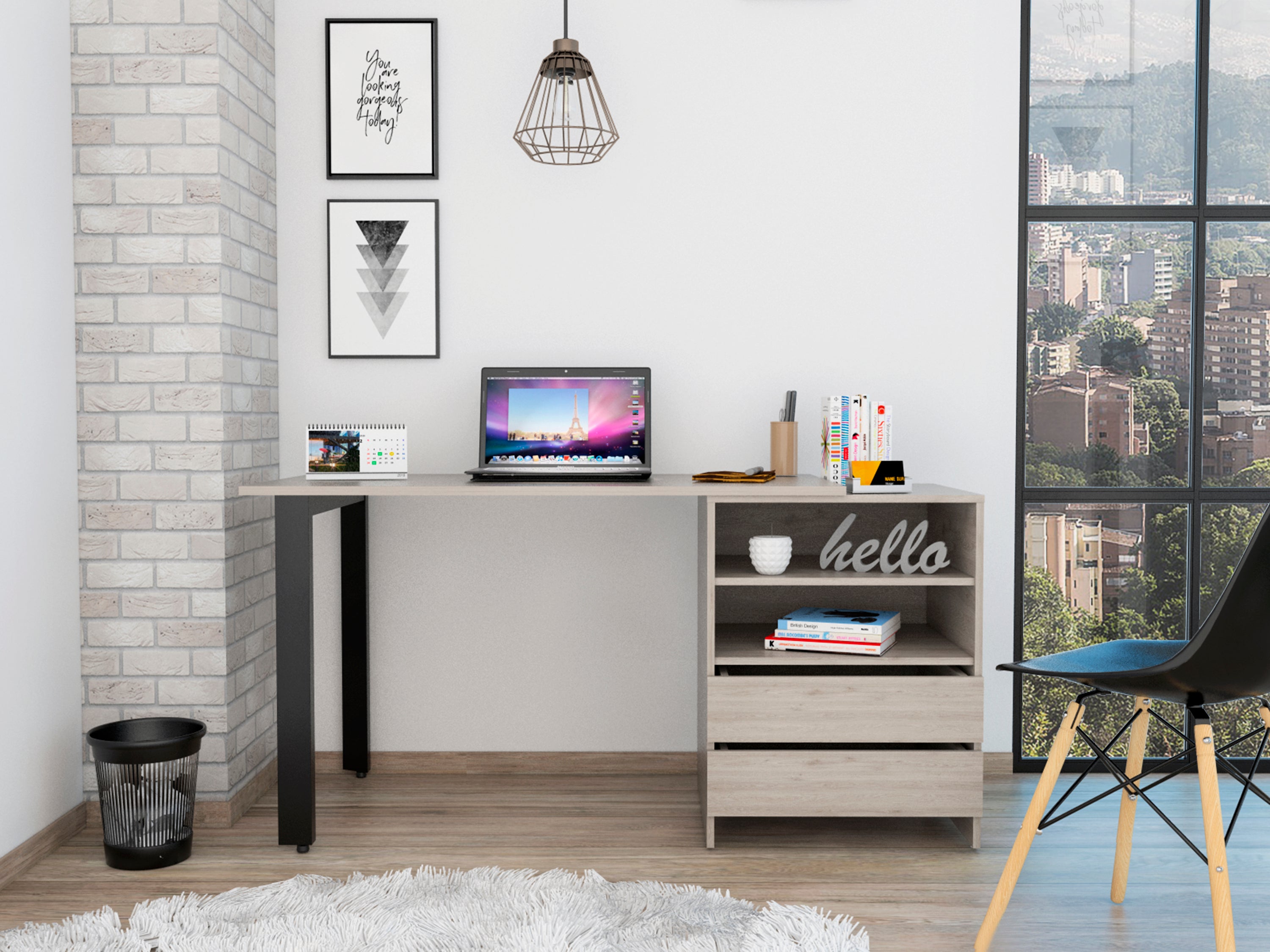 Malawi 120 Desk - Light Gray, 2 Drawers & Shelves