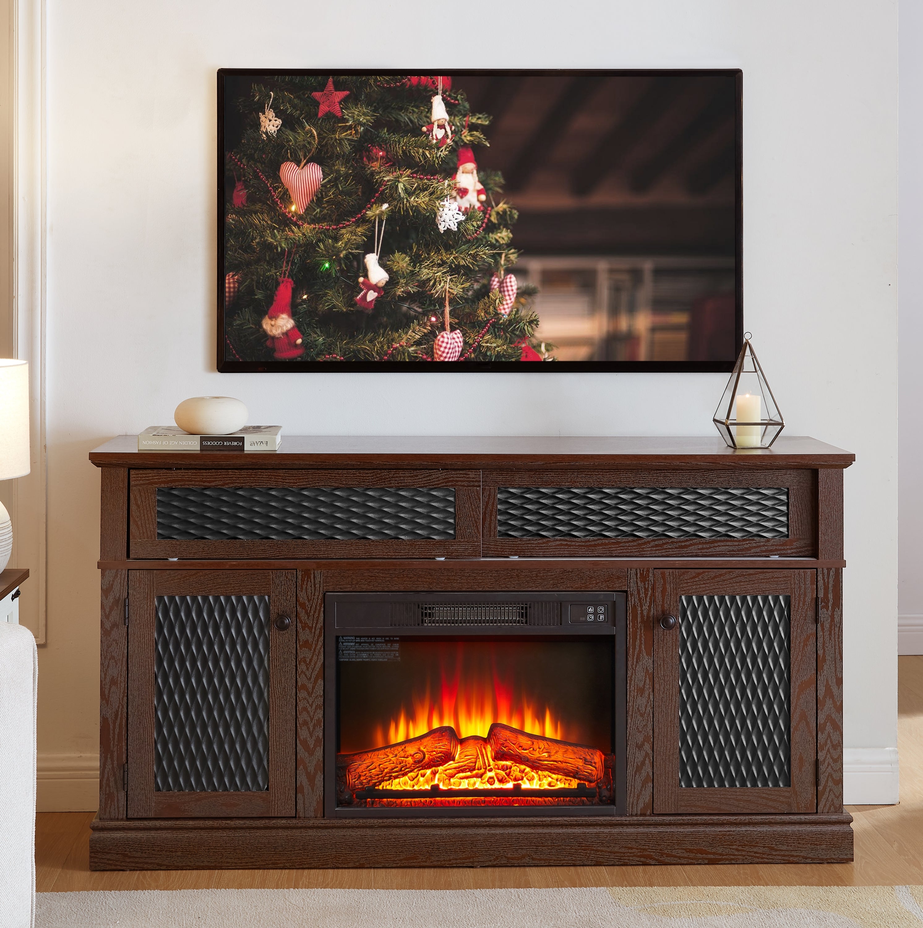 58" TV Stand w/ Fireplace Insert & Storage - Dark Cherry