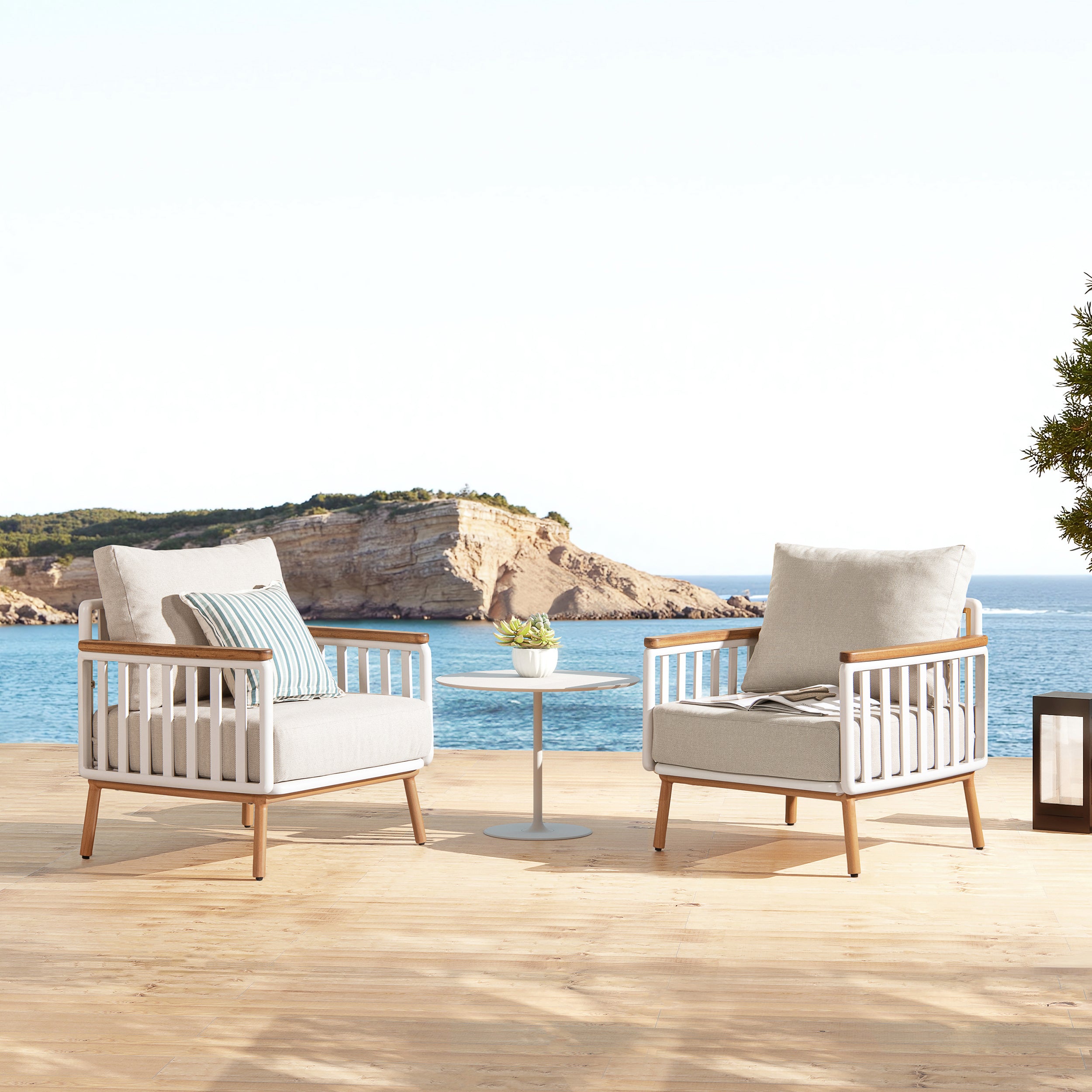 Calarono Teak & Aluminum Patio Arm Chairs - Set of 2, Sand Dune Chenille