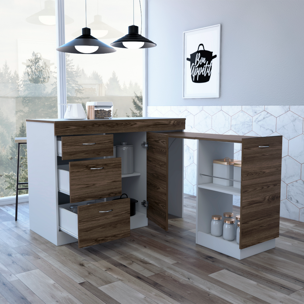 Grecia Kitchen Cabinet, 3 Drawers, 2 Shelves, White/Walnut
