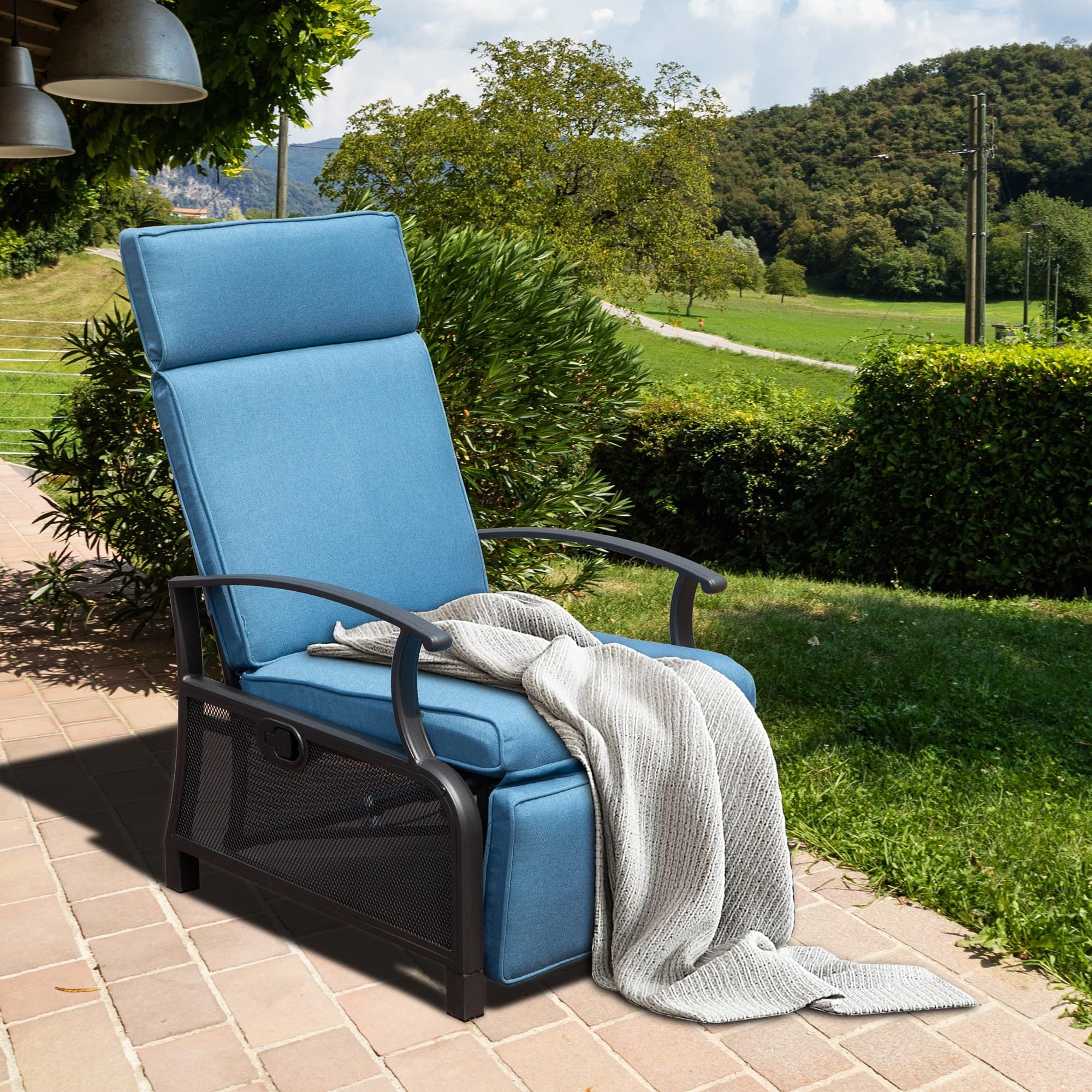 Navy Blue Adjustable Outdoor Recliner Lounge Chair w/Flip Table