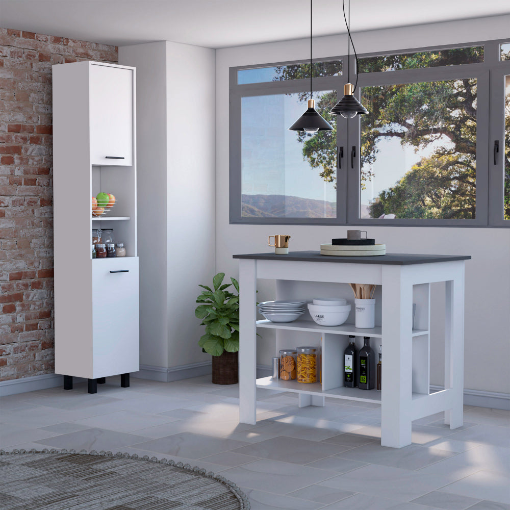 Marston Kitchen Set: Island & Pantry, White/Onyx