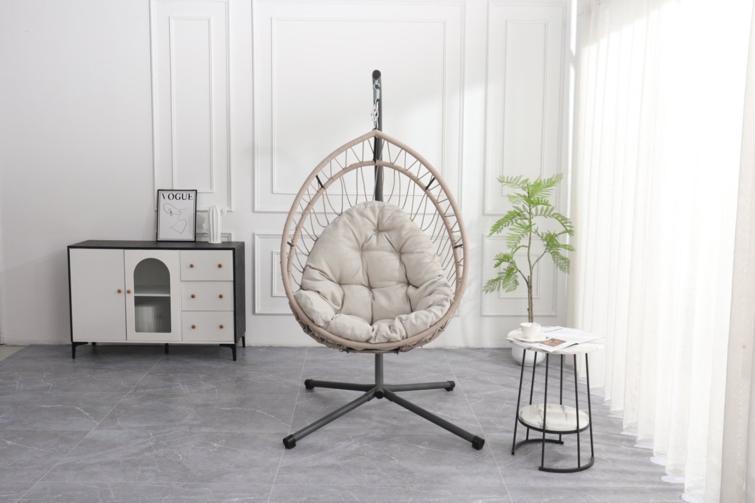 Outdoor Egg Hanging Chair with Stand - Gray Wicker Swing